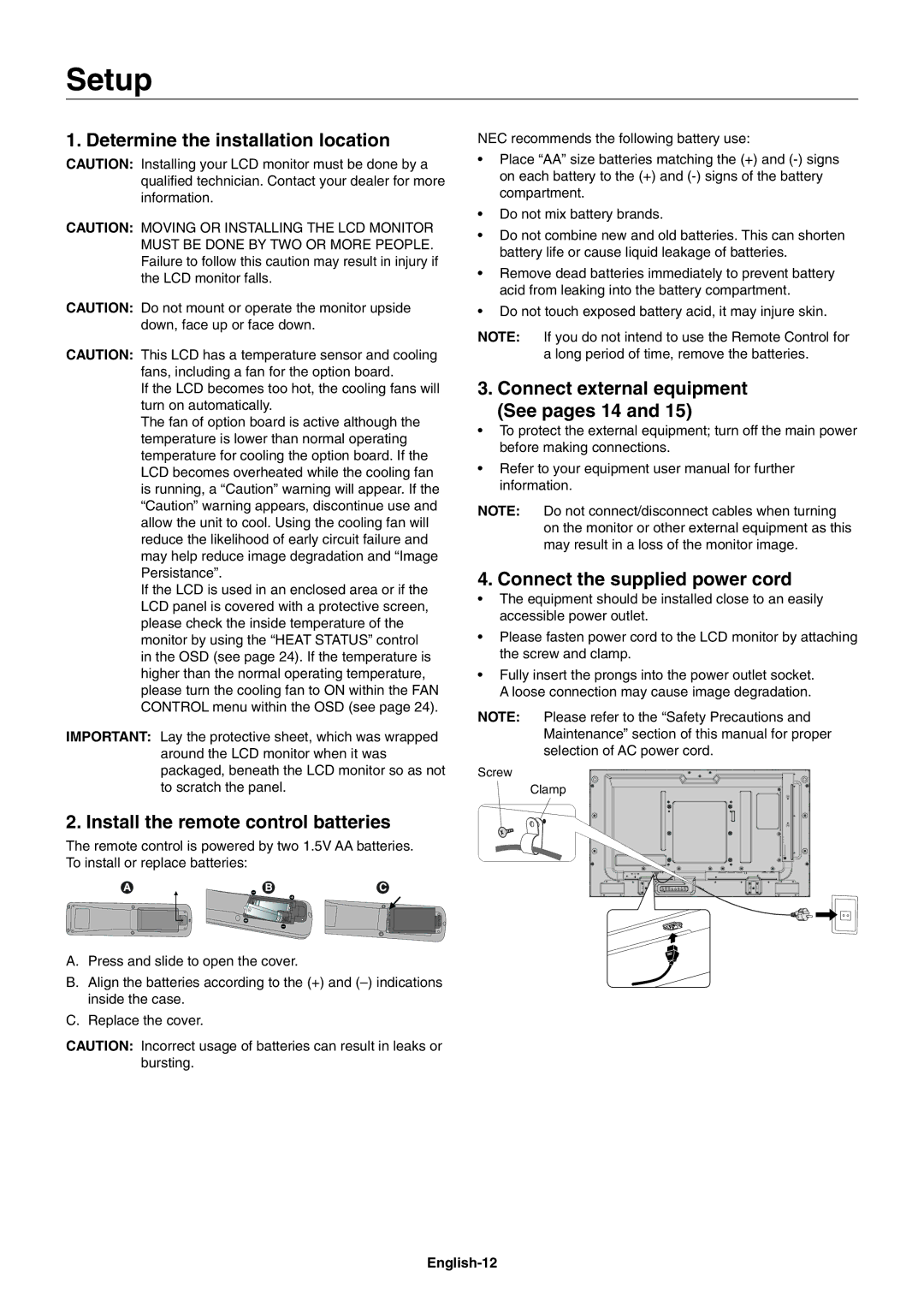 NEC V423AVT user manual Setup, Determine the installation location, Install the remote control batteries 