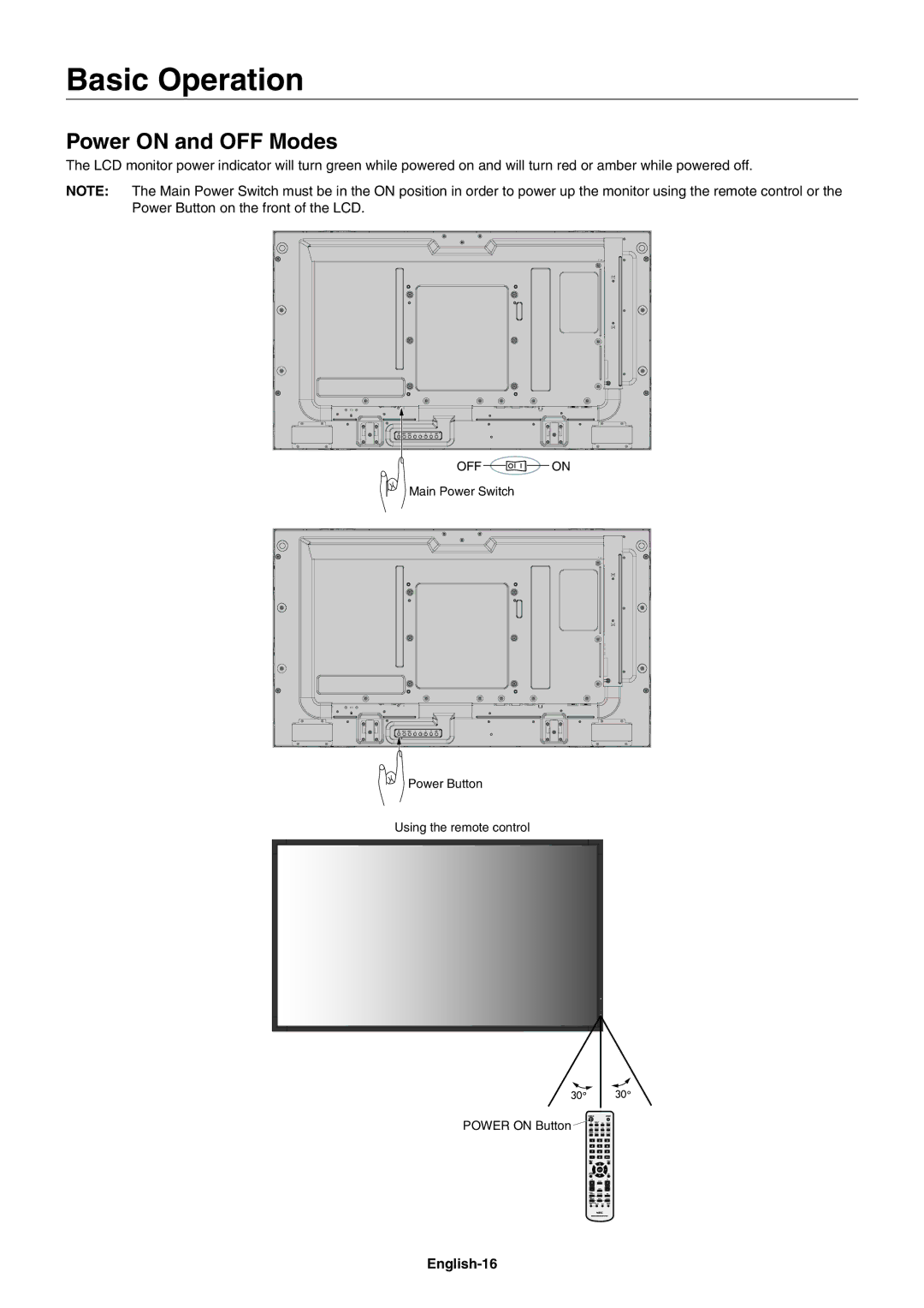 NEC V423AVT user manual Basic Operation, Power on and OFF Modes, English-16 