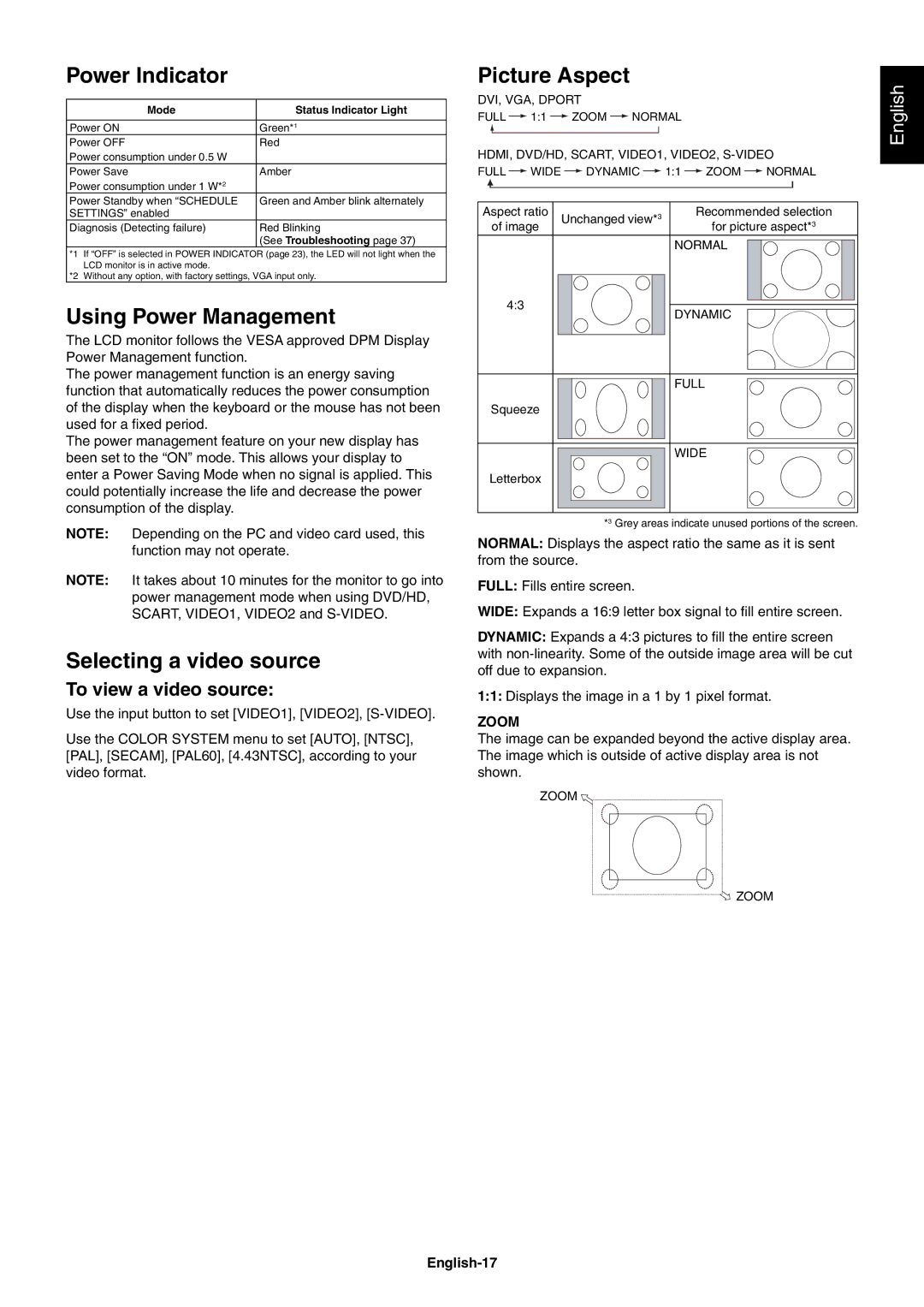 NEC V423AVT Power Indicator, Using Power Management, Selecting a video source, Picture Aspect, To view a video source 