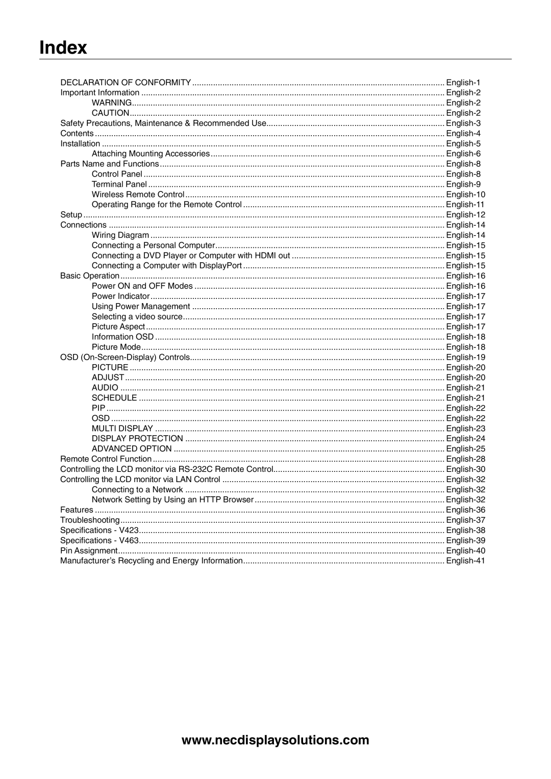 NEC V423AVT user manual Index, Declaration of Conformity 