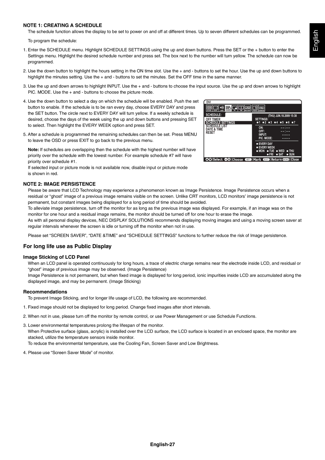 NEC V423AVT user manual Image Sticking of LCD Panel, Recommendations, English-27 