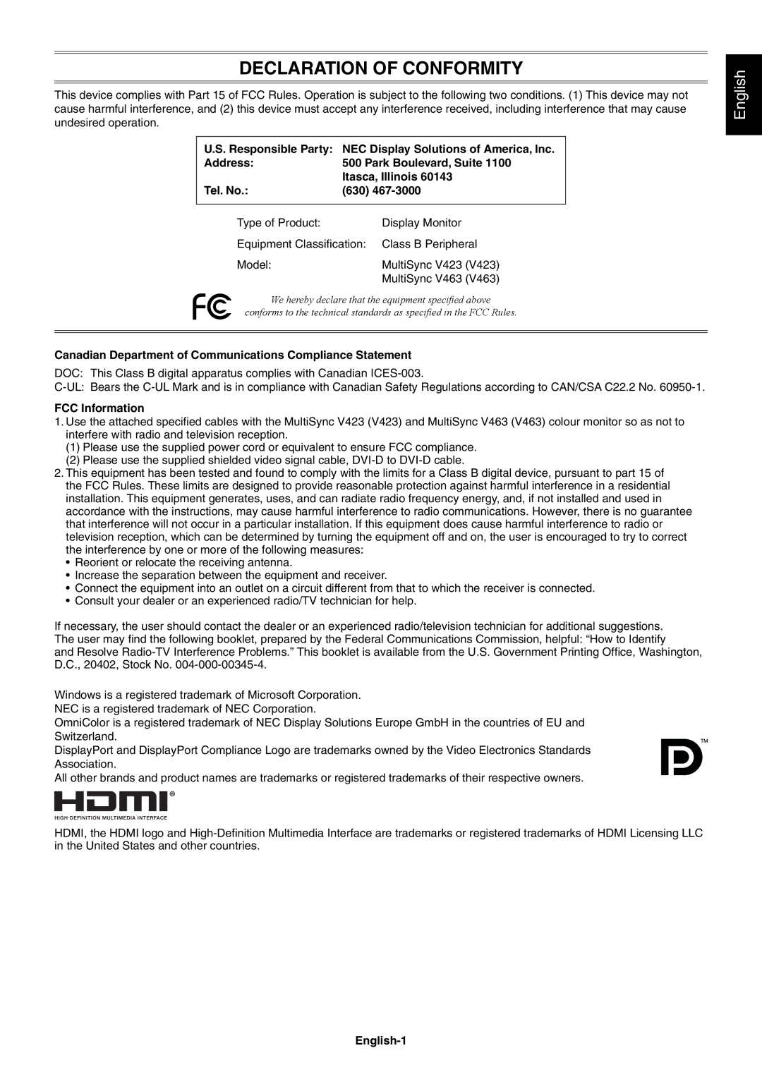 NEC V423AVT user manual Canadian Department of Communications Compliance Statement, FCC Information, English-1 