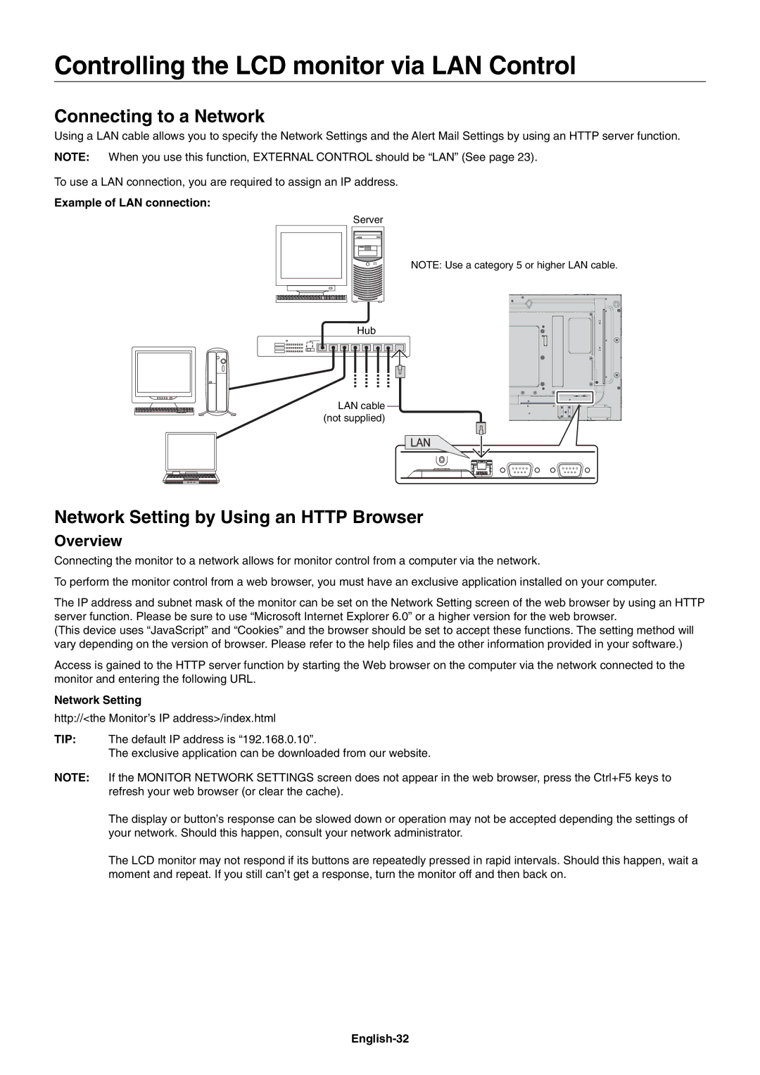 NEC V423AVT Controlling the LCD monitor via LAN Control, Connecting to a Network, Network Setting by Using an Http Browser 