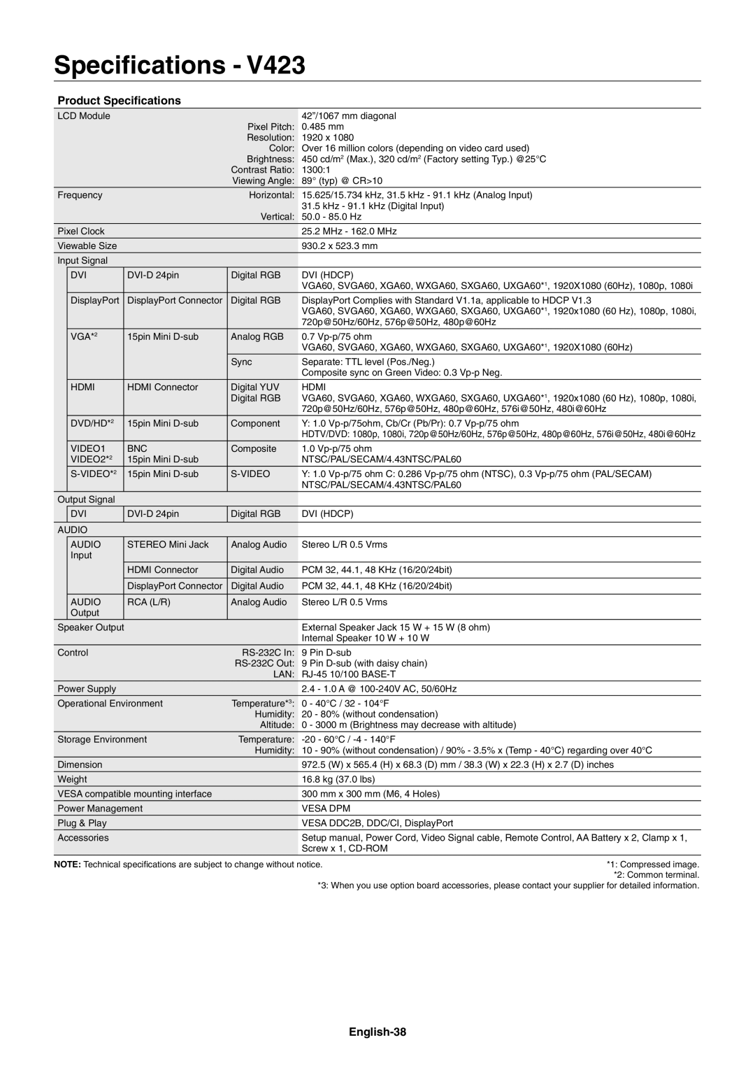 NEC V423AVT user manual Product Speciﬁcations, English-38 