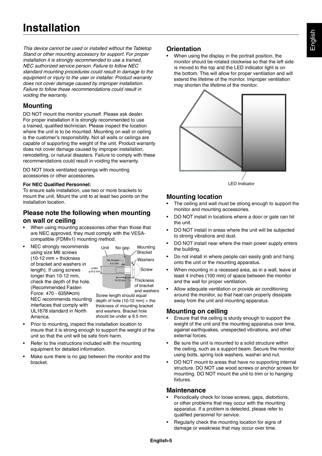 NEC V423AVT user manual Installation 