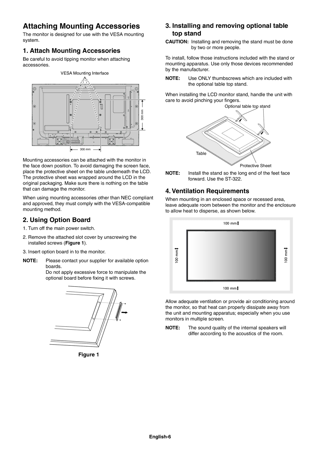 NEC V423AVT Attaching Mounting Accessories, Attach Mounting Accessories, Using Option Board, Ventilation Requirements 