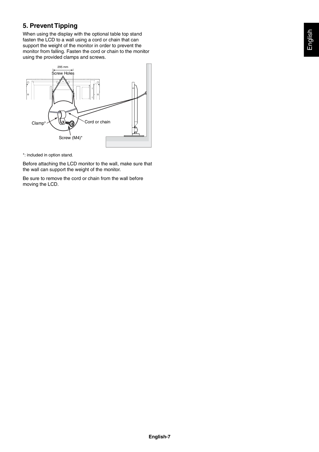 NEC V423AVT user manual Prevent Tipping, English-7 