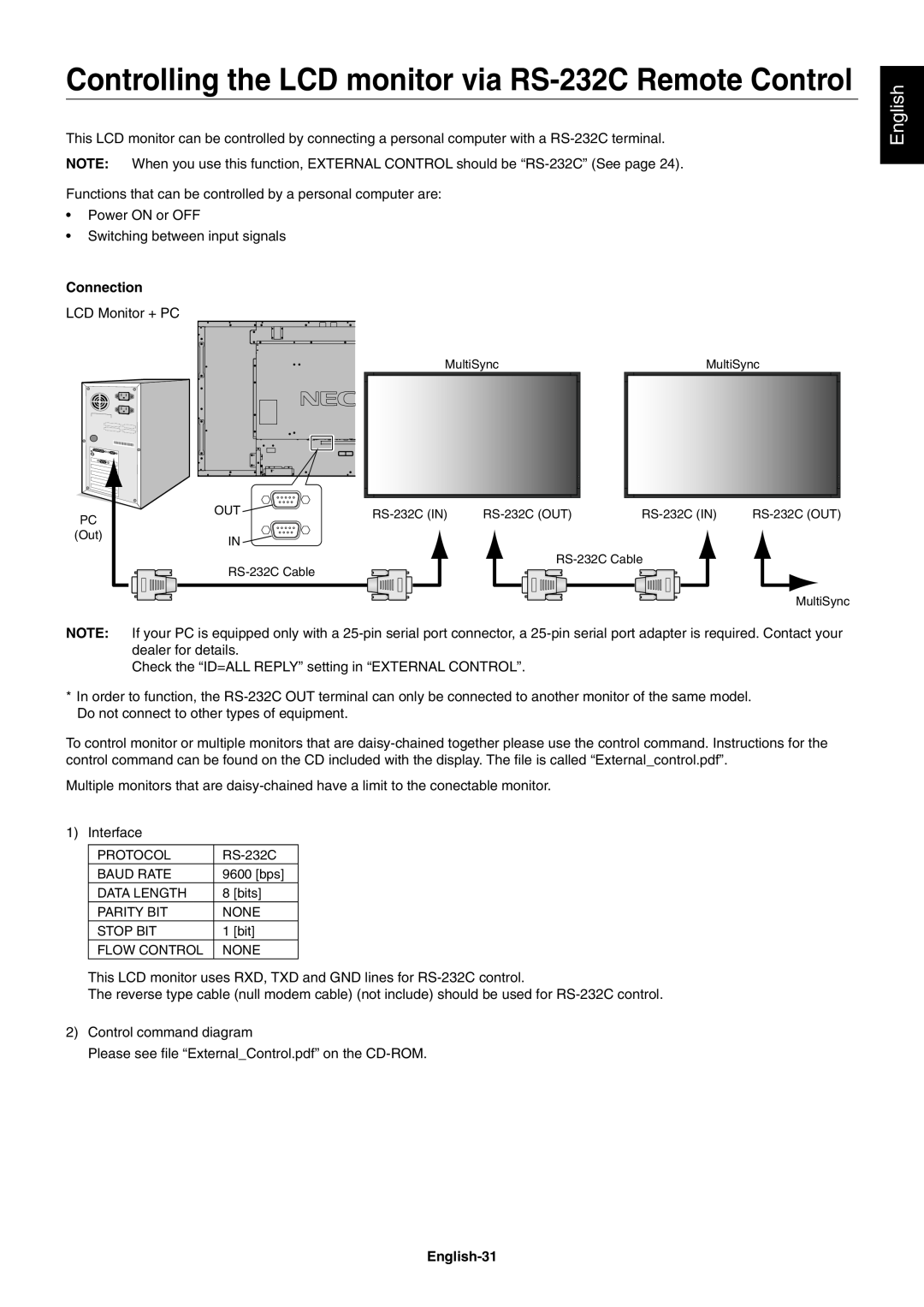 NEC V551, V651, V422 user manual Connection, English-31, Controlling the LCD monitor via RS-232C Remote Control 