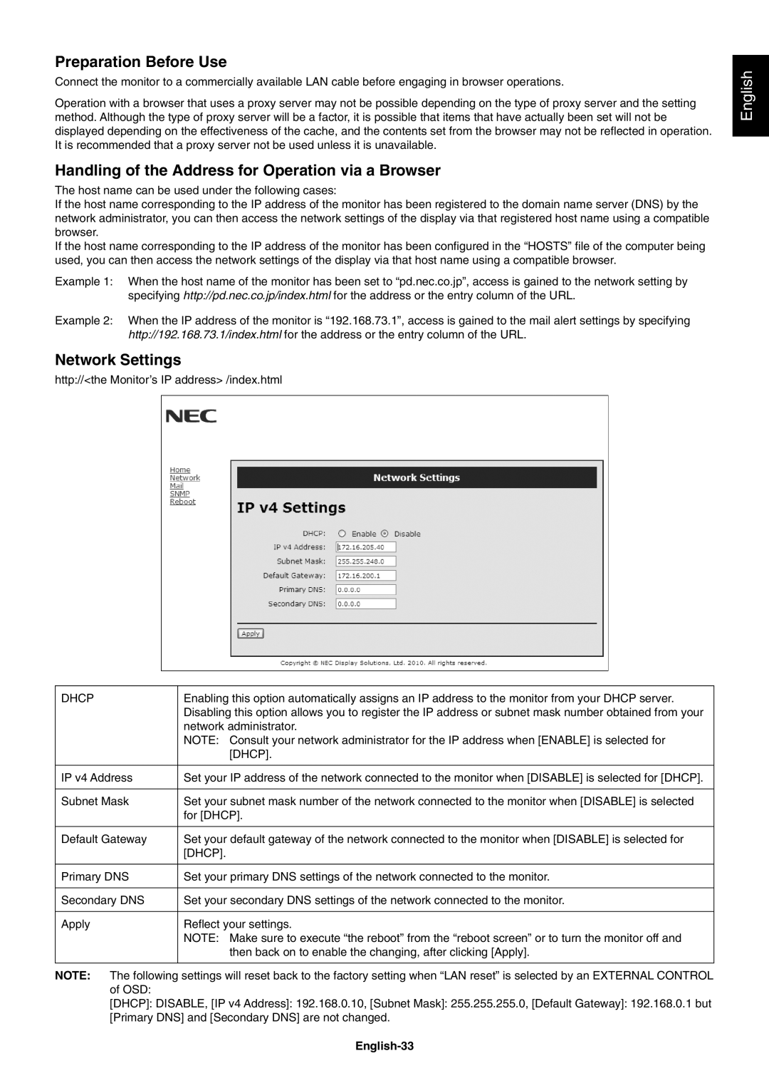 NEC V422, V551 Preparation Before Use, Handling of the Address for Operation via a Browser, Network Settings, English-33 
