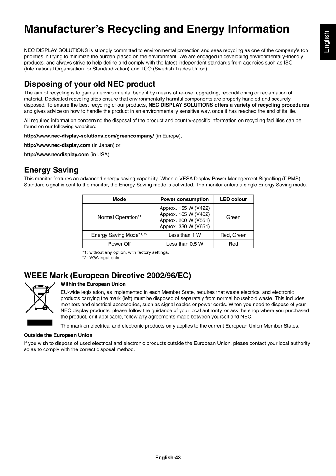 NEC V551 Manufacturer’s Recycling and Energy Information, Disposing of your old NEC product, Energy Saving, Mode, English 