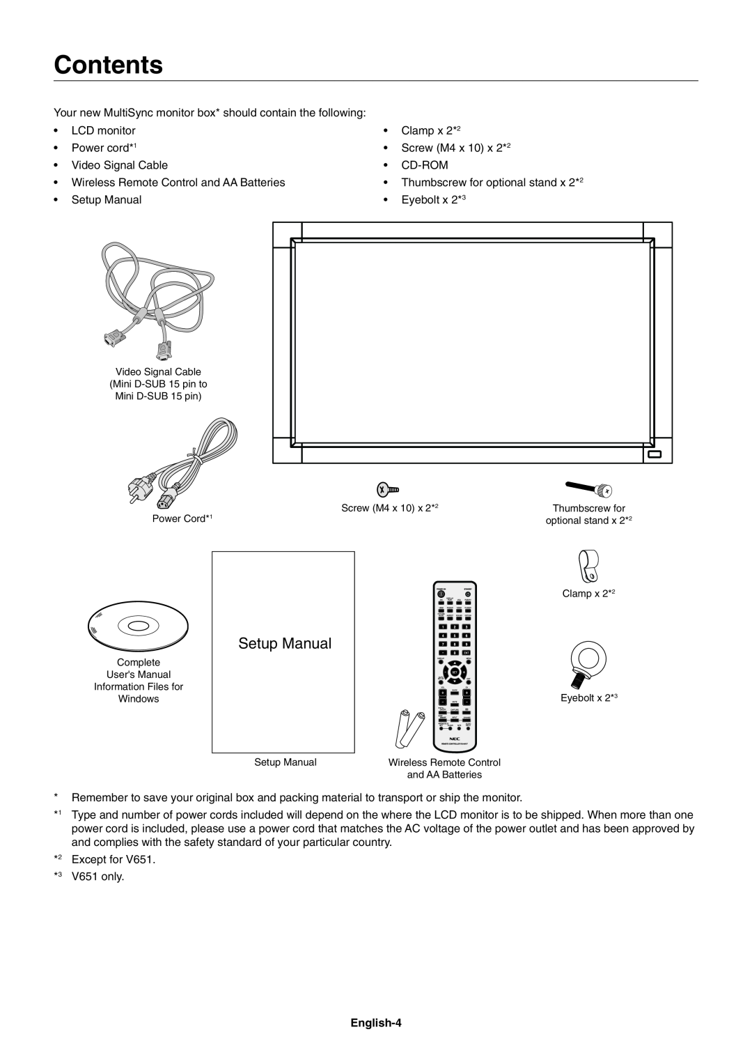 NEC V551, V651, V422 user manual Contents, English-4, Setup Manual 