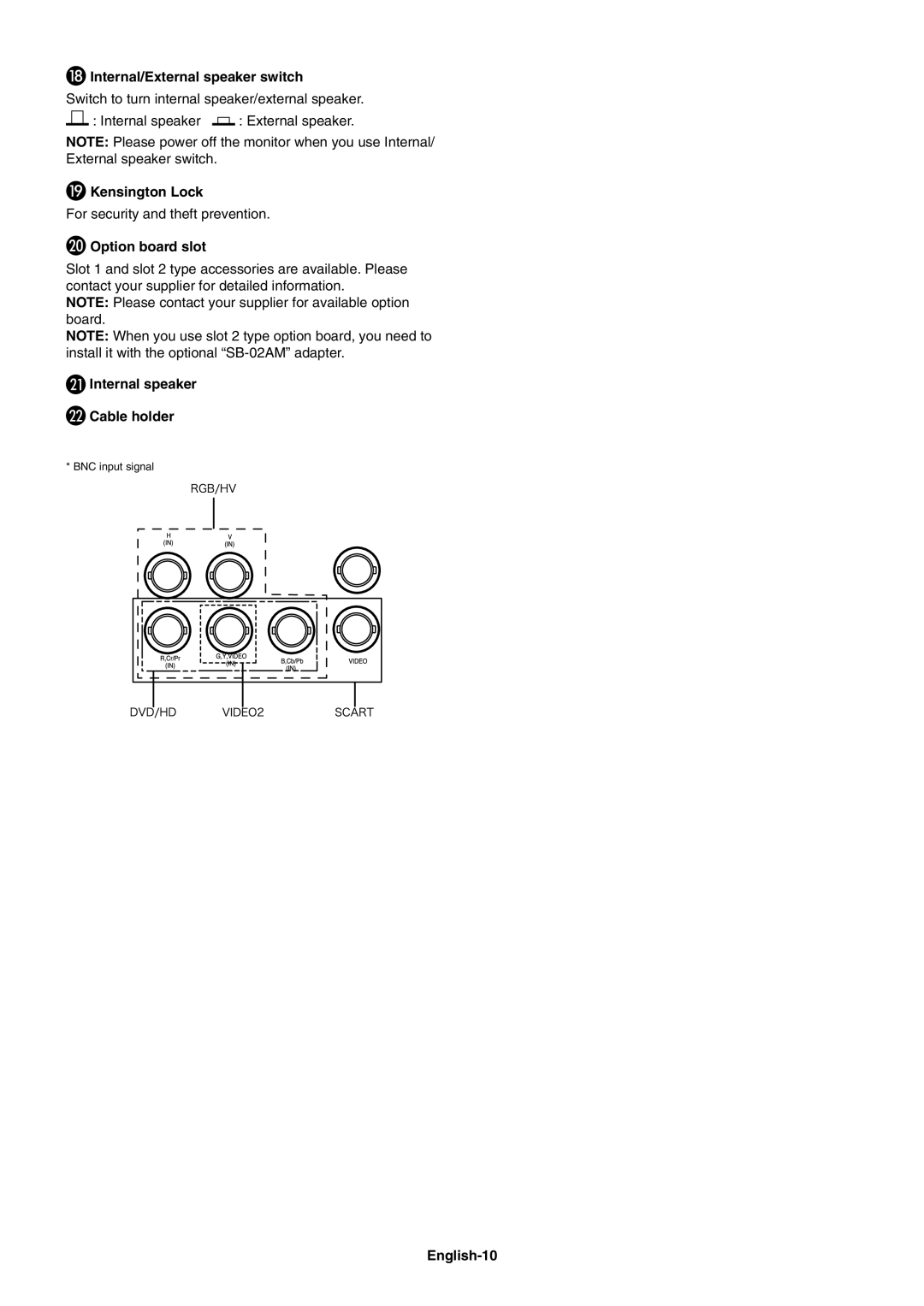 NEC V551 Internal/External speaker switch, Kensington Lock, Option board slot, Internal speaker Cable holder, English-10 