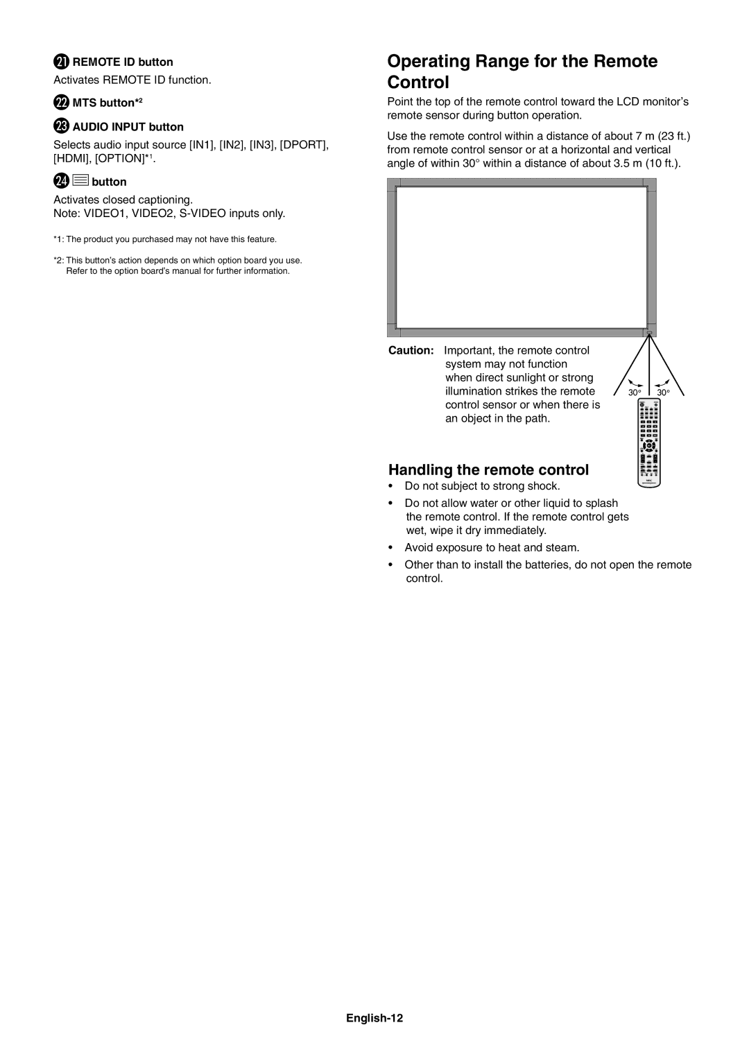 NEC V422, V551, V651 user manual Operating Range for the Remote Control, Handling the remote control 