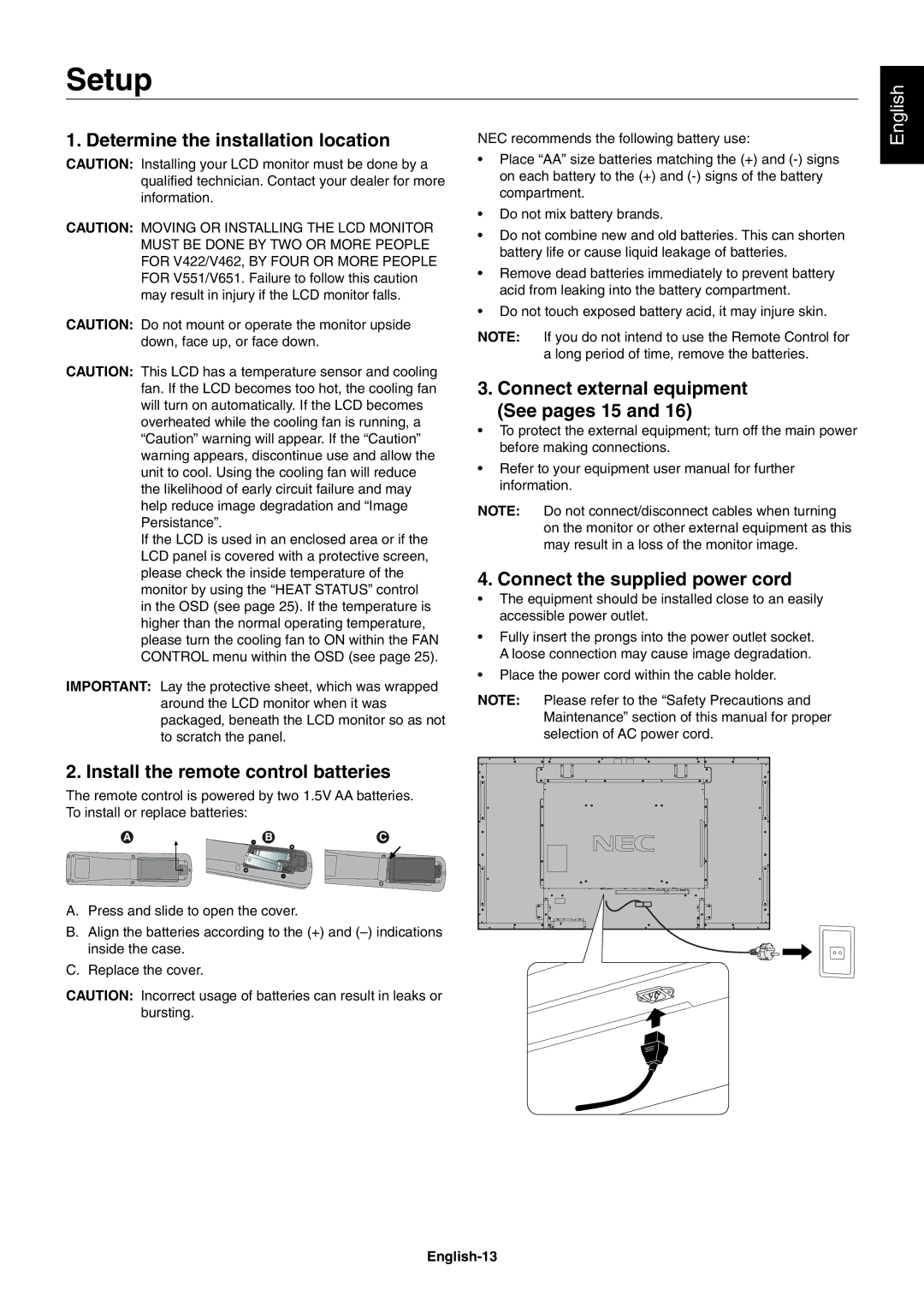 NEC V551, V651, V422 user manual Setup, Determine the installation location, Connect external equipment See pages 15 