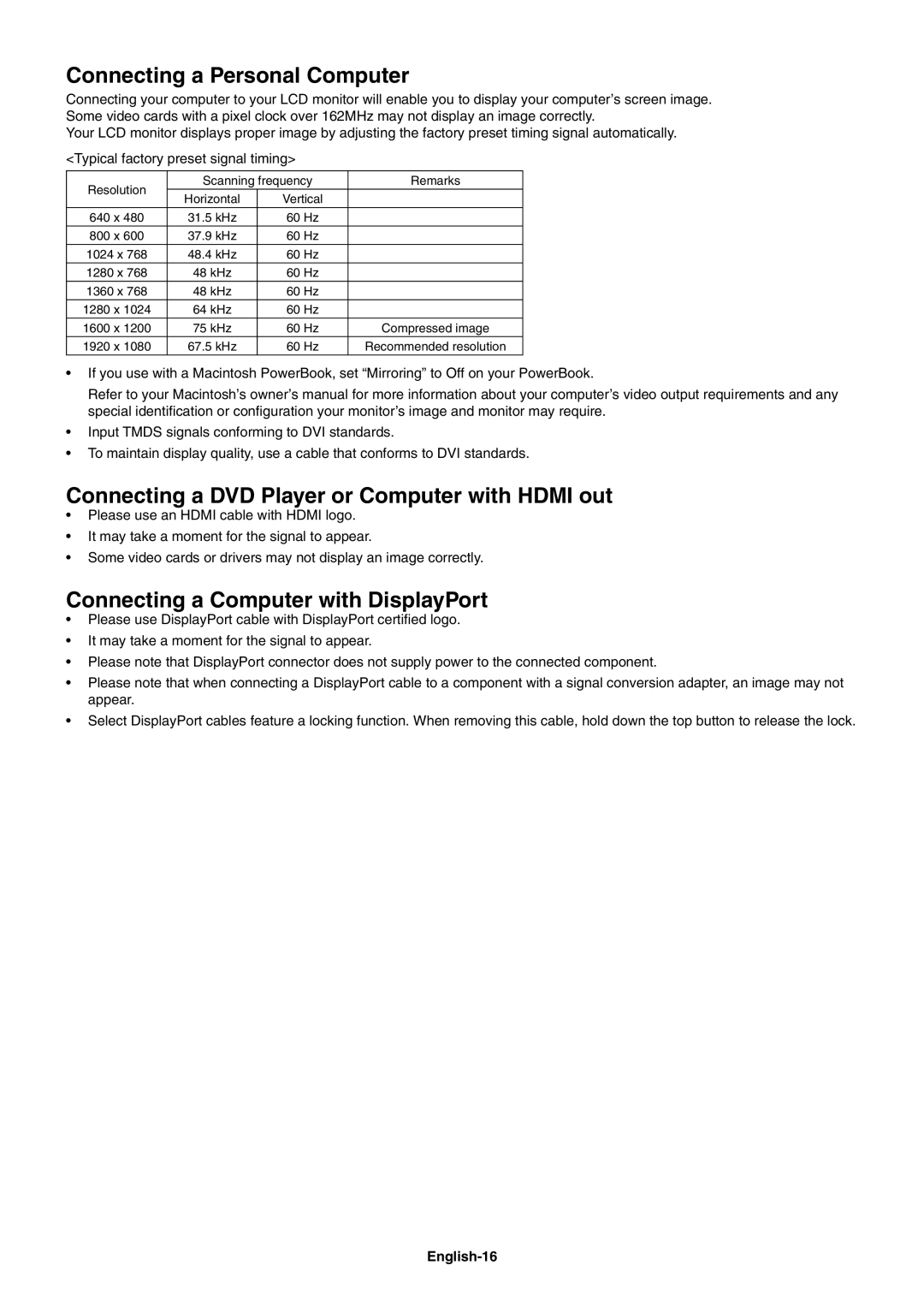 NEC V551, V651, V422 Connecting a Personal Computer, Connecting a DVD Player or Computer with Hdmi out, English-16 