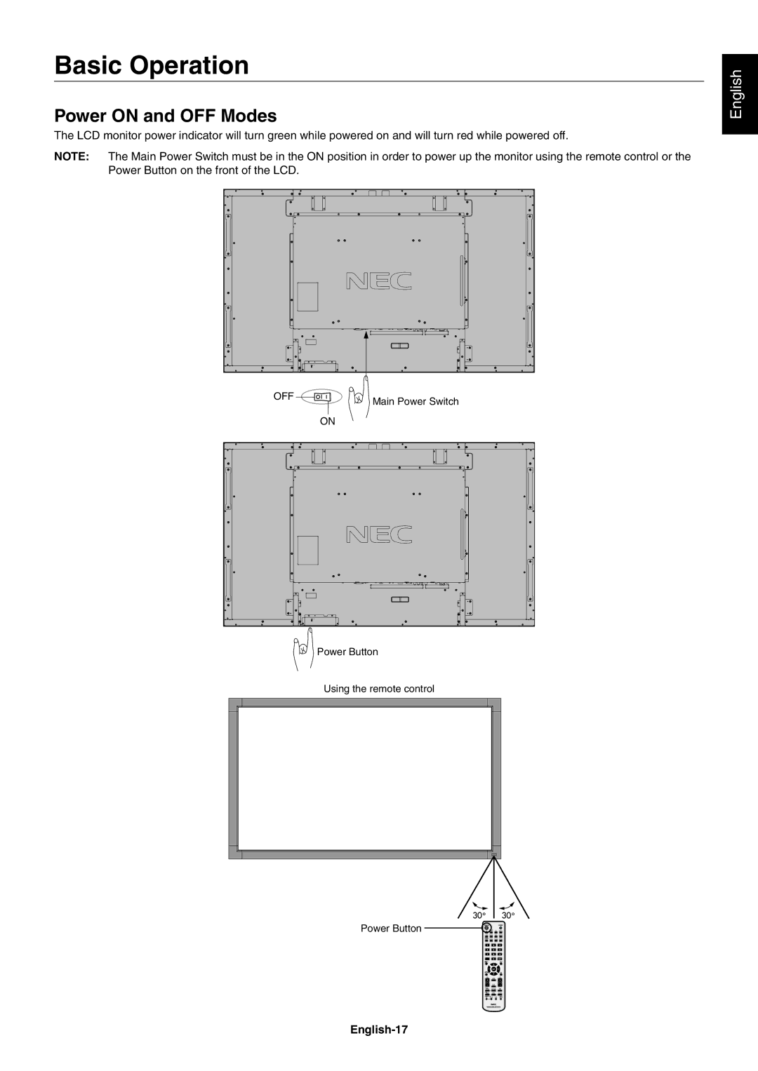 NEC V651, V551, V422 user manual Basic Operation, Power on and OFF Modes, English-17, Off 