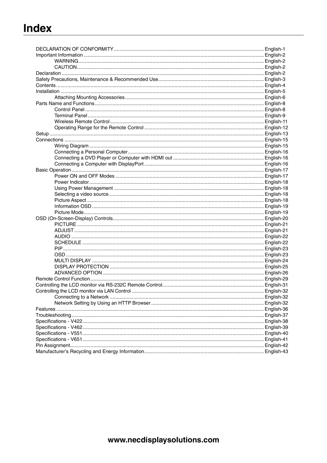 NEC V422, V551, V651 user manual Index, Declaration of Conformity 