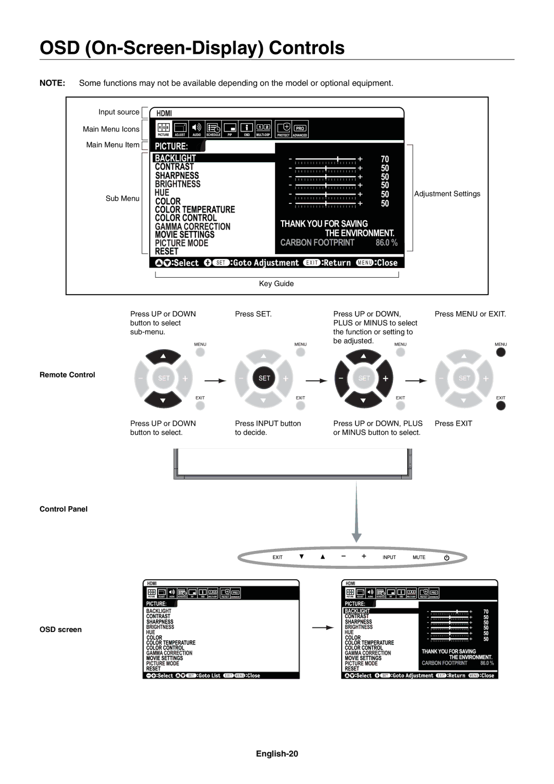 NEC V651, V551, V422 user manual OSD On-Screen-Display Controls, English-20 