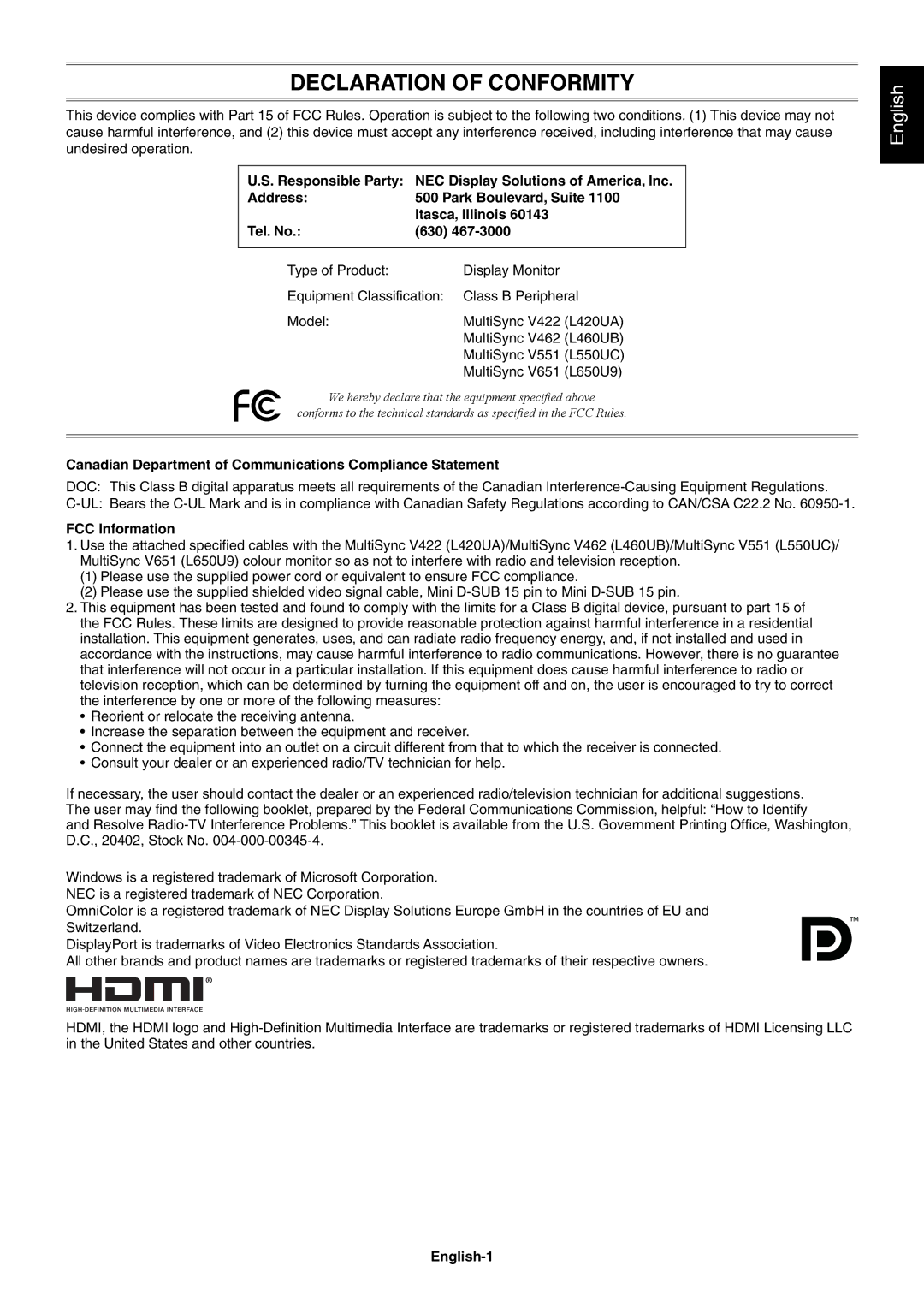 NEC V551, V651, V422 user manual Canadian Department of Communications Compliance Statement, FCC Information, English-1 