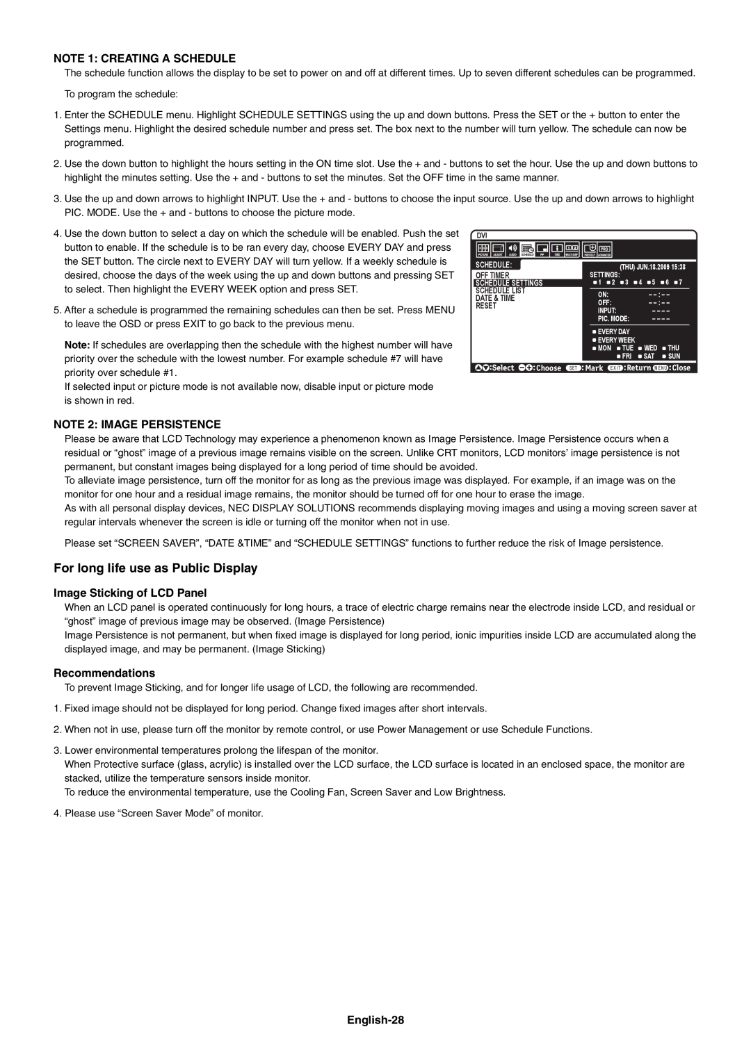 NEC V551, V651, V422 user manual Image Sticking of LCD Panel, Recommendations, English-28 