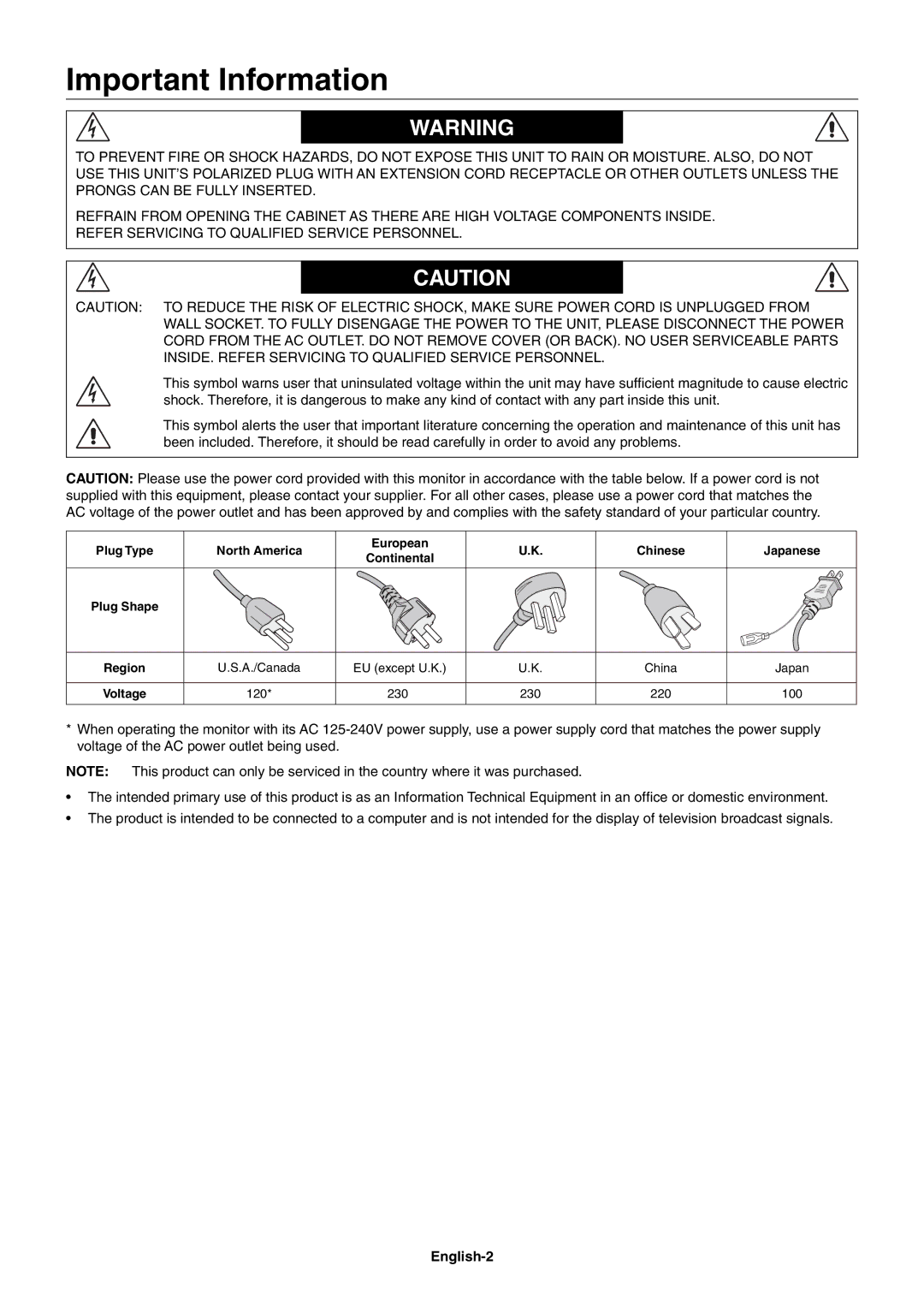 NEC V651, V551, V422 user manual Important Information, English-2 