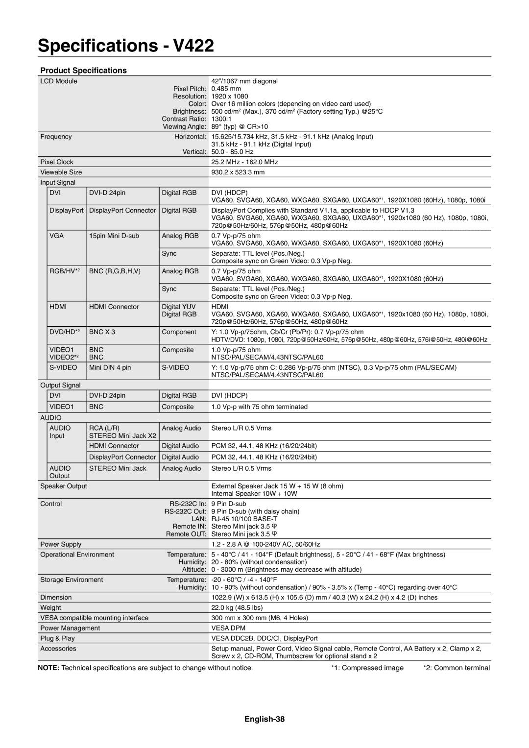 NEC V651, V551, V422 user manual Product Speciﬁcations, English-38 