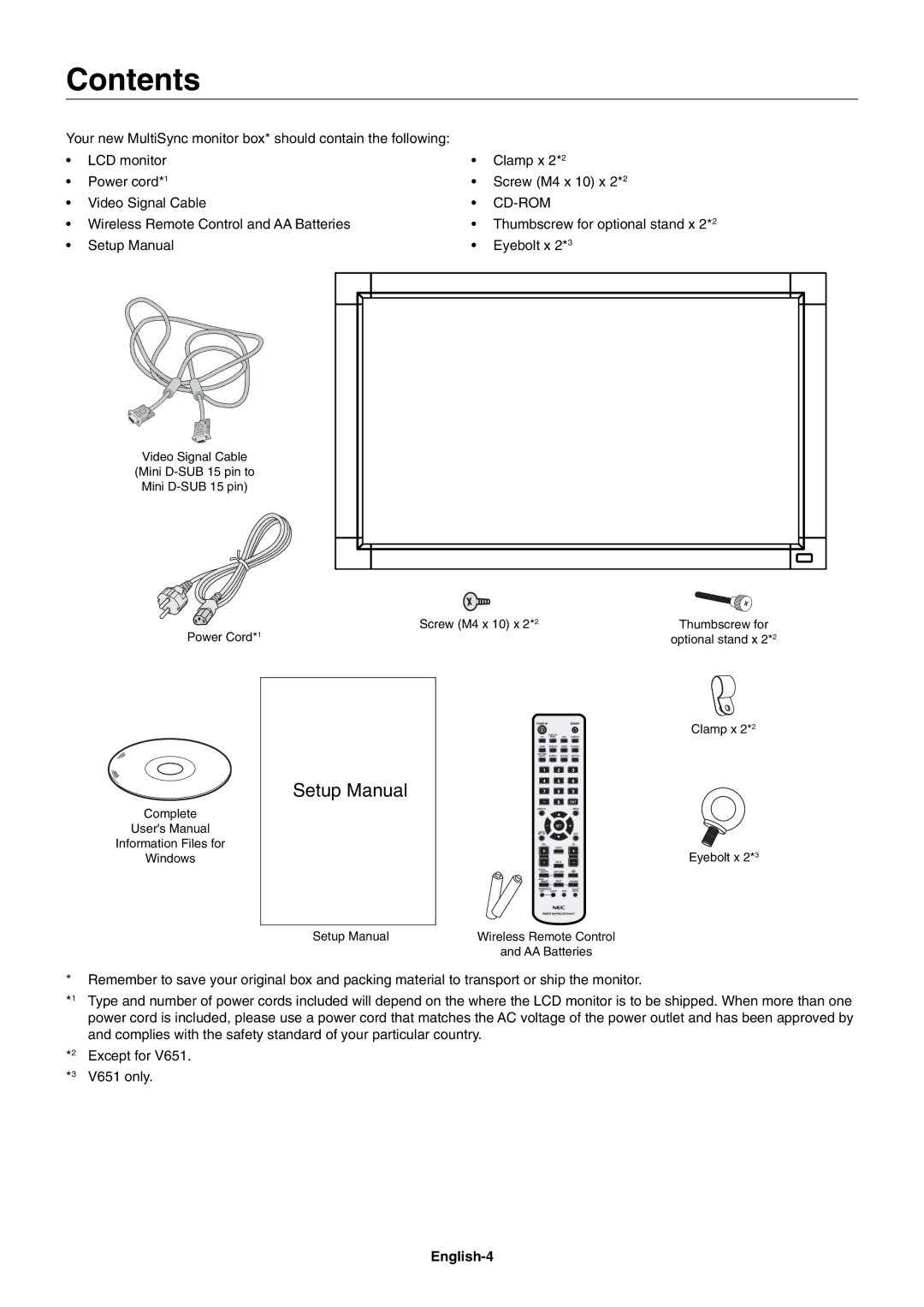 NEC V551, V651, V422 user manual Contents 