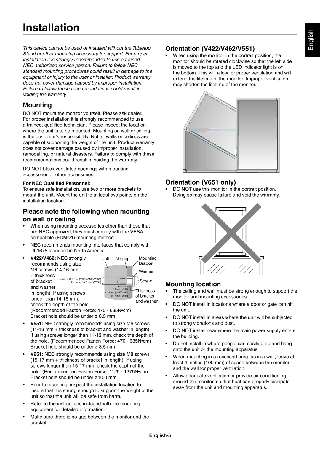 NEC V651, V551, V422 user manual Installation 