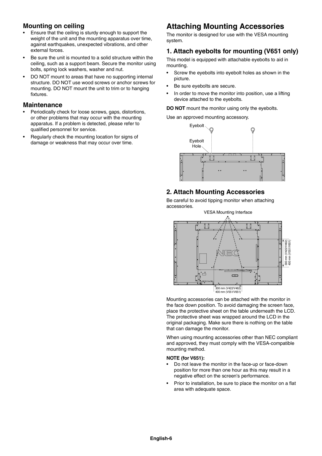 NEC V422, V551 Attaching Mounting Accessories, Mounting on ceiling, Maintenance, Attach eyebolts for mounting V651 only 