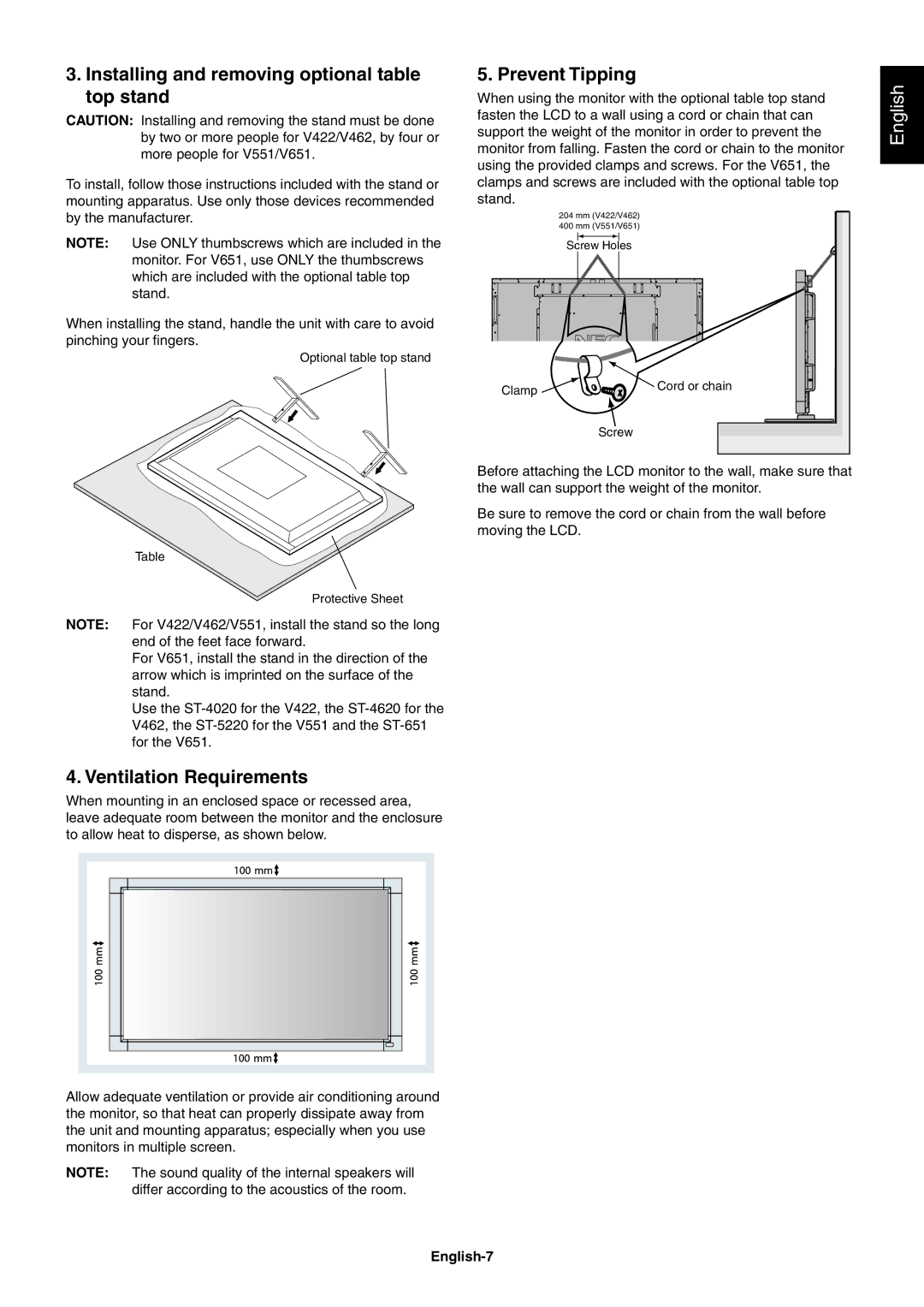 NEC V551, V651, V422 Installing and removing optional table top stand, Ventilation Requirements, Prevent Tipping, English-7 