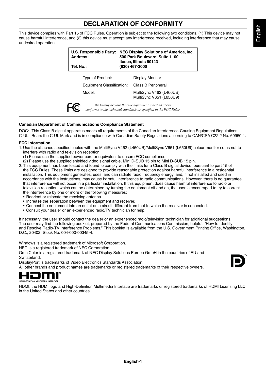 NEC V462, V651 user manual Declaration Of Conformity, English 