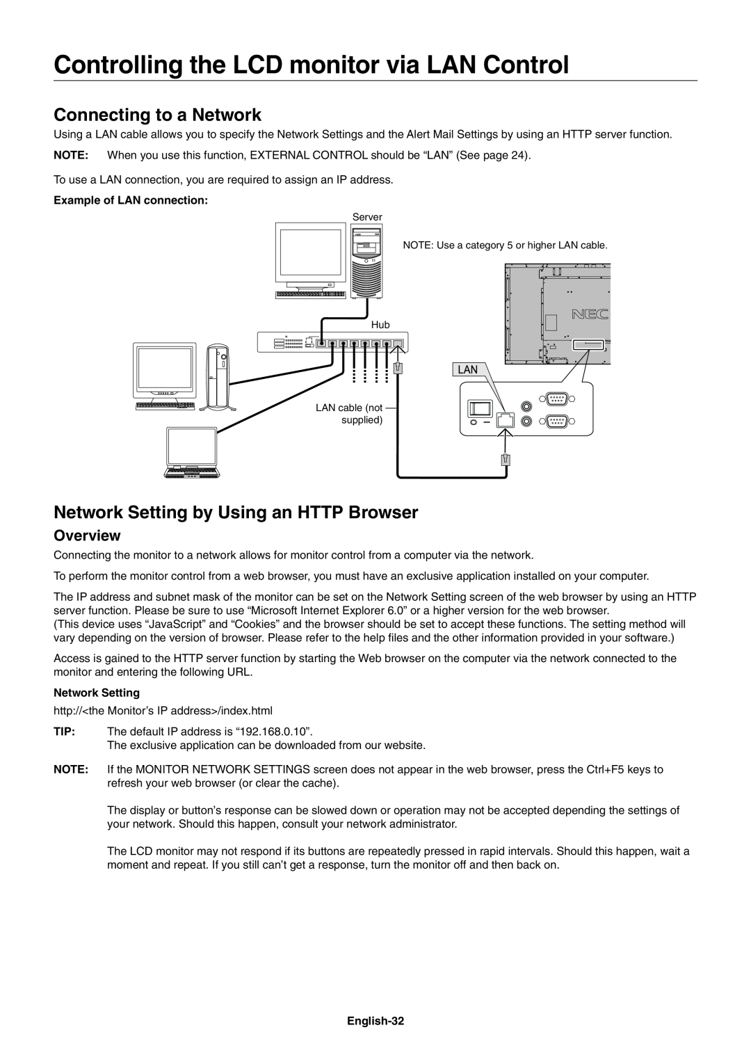 NEC V651 Controlling the LCD monitor via LAN Control, Connecting to a Network, Network Setting by Using an HTTP Browser 