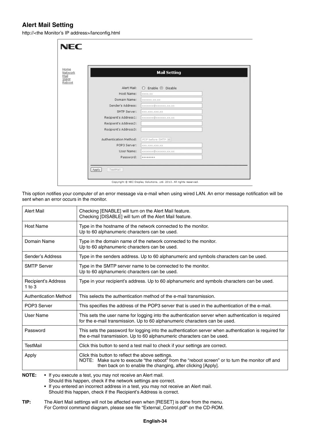 NEC V651, V462 user manual Alert Mail Setting, English-34 