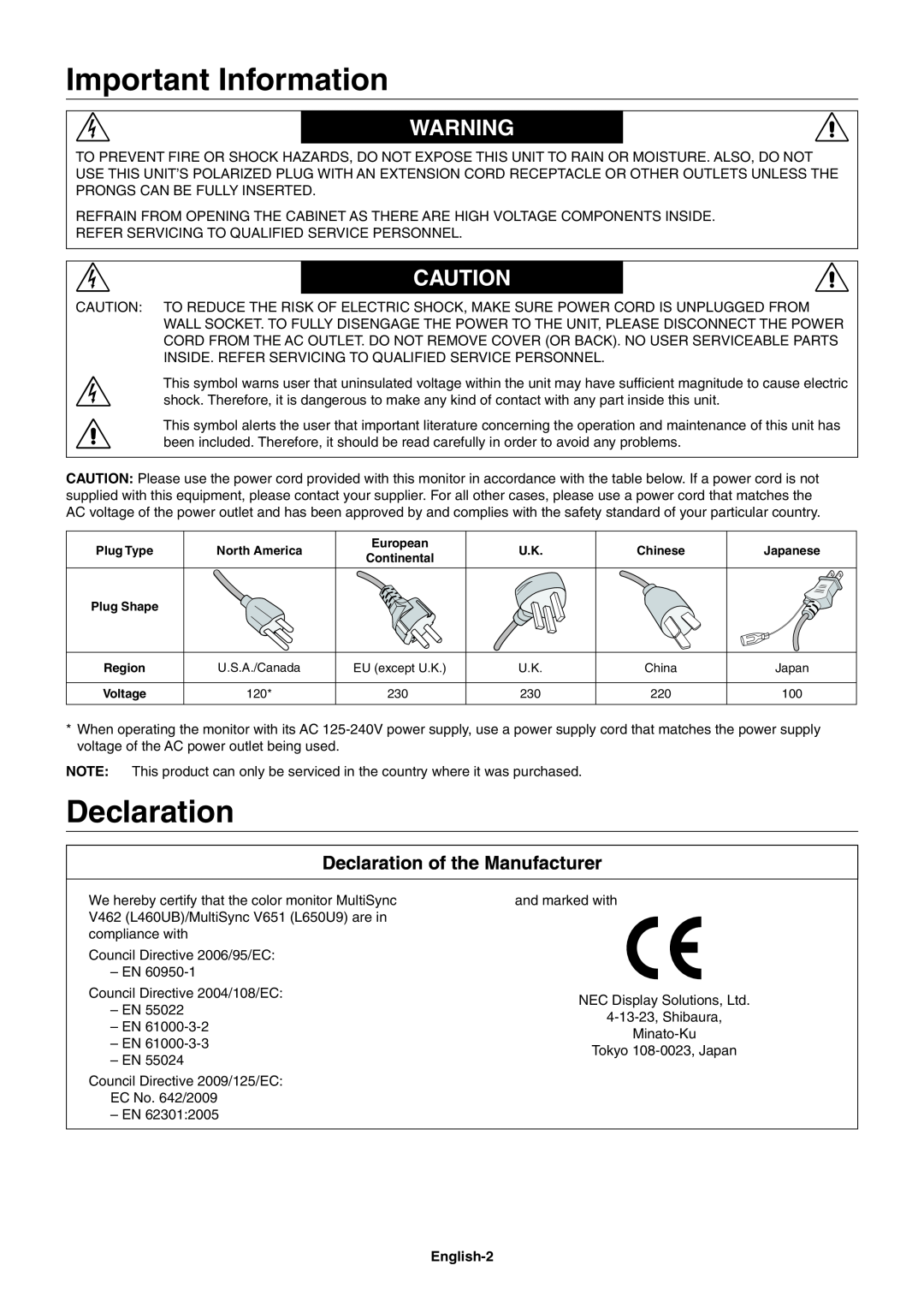 NEC V651, V462 user manual Important Information, Declaration of the Manufacturer 