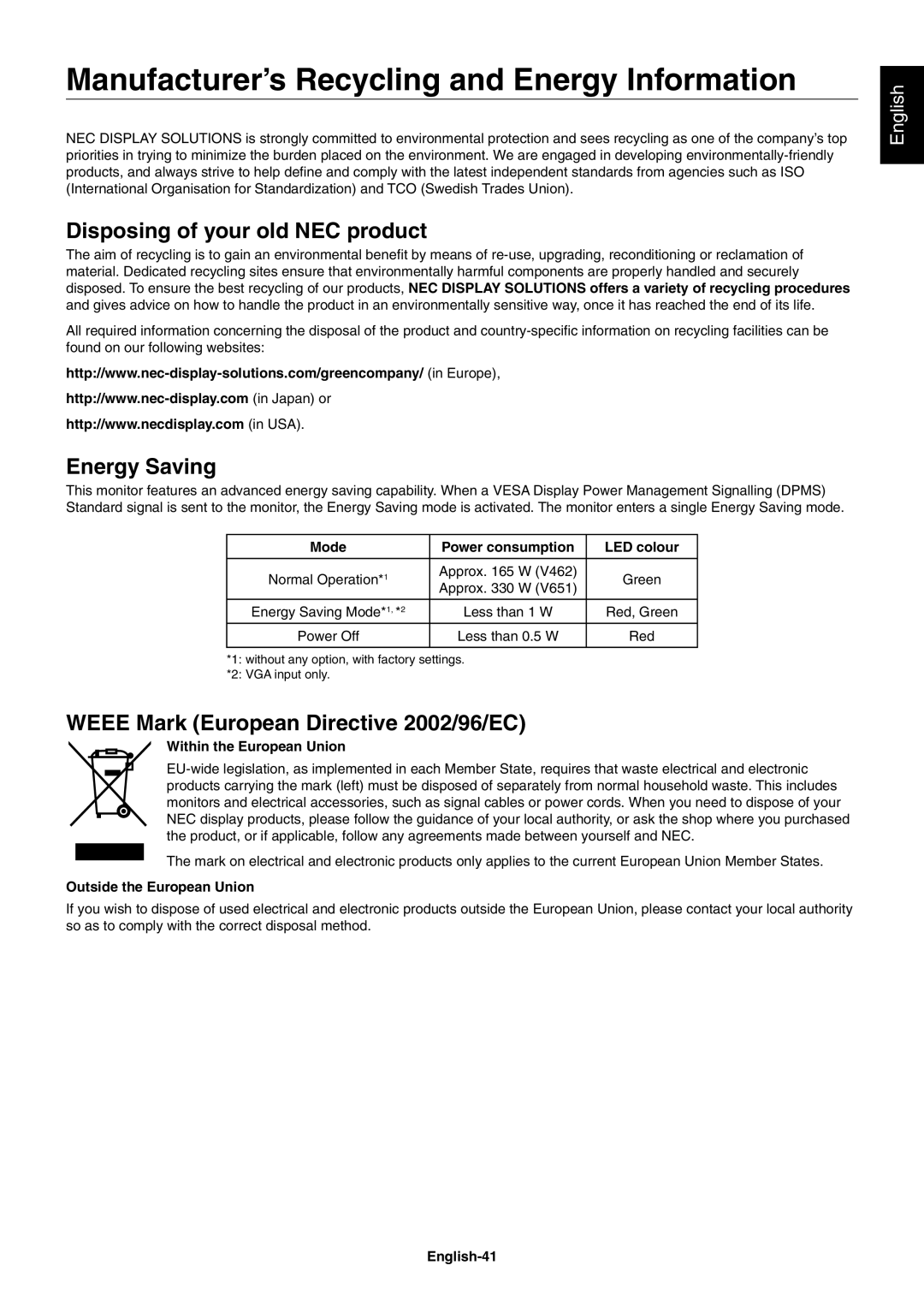 NEC V462, V651 Manufacturer’s Recycling and Energy Information, Disposing of your old NEC product, Energy Saving, English 