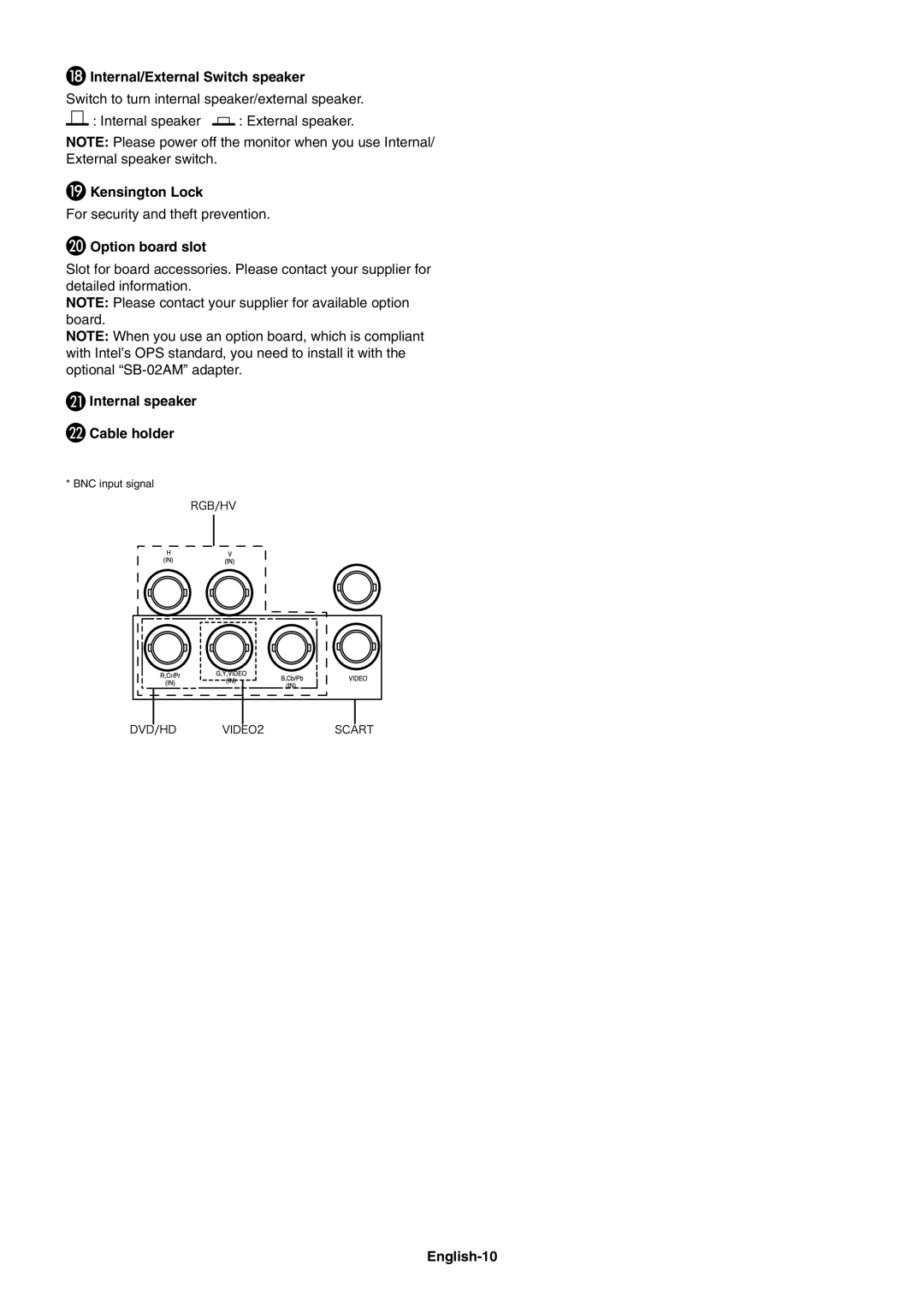 NEC V651 Internal/External Switch speaker, Kensington Lock, Option board slot, Internal speaker Cable holder, English-10 