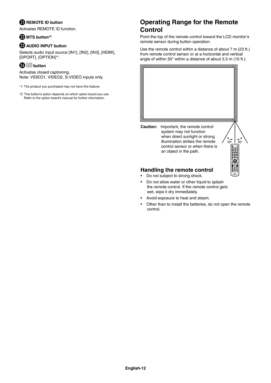 NEC V651, V462 user manual Operating Range for the Remote Control, Handling the remote control 