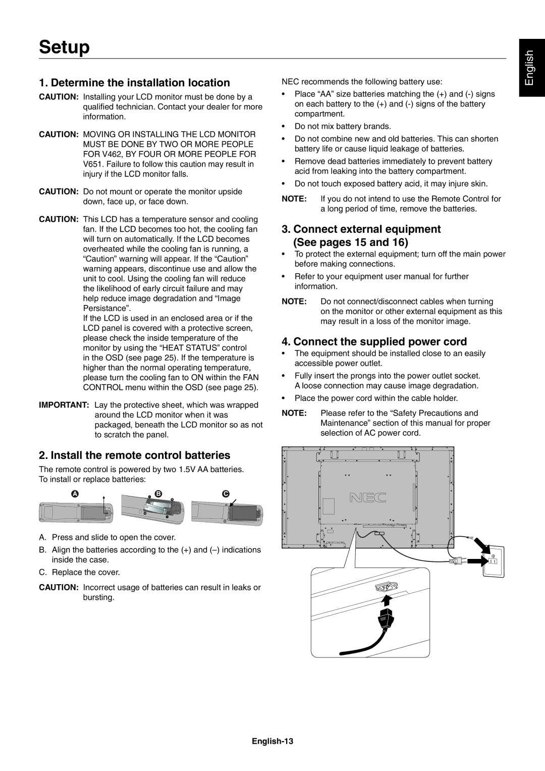 NEC V462, V651 user manual Setup, Determine the installation location, Connect external equipment See pages 15 