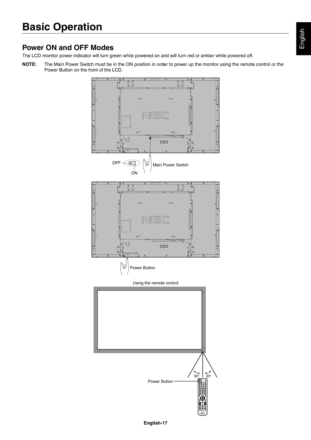 NEC V462, V651 user manual Basic Operation, Power on and OFF Modes, English-17, Off 