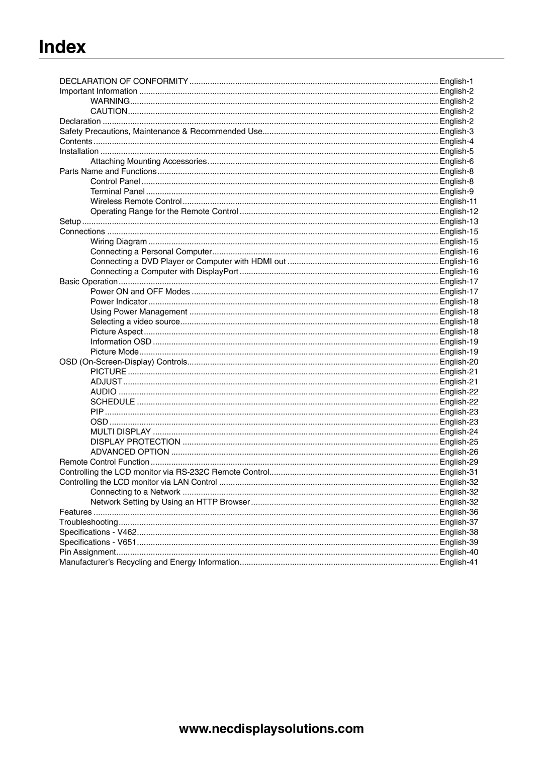 NEC V651, V462 user manual Index, Declaration of Conformity 