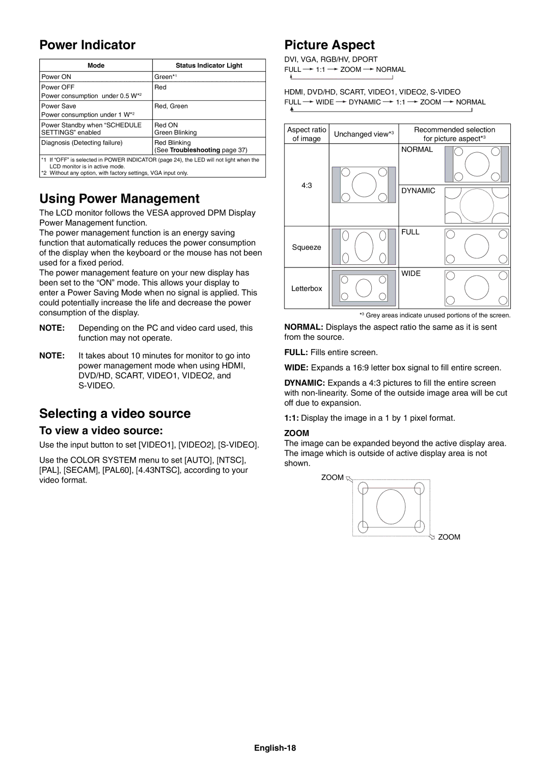 NEC V651, V462 Power Indicator, Using Power Management, Selecting a video source, Picture Aspect, To view a video source 