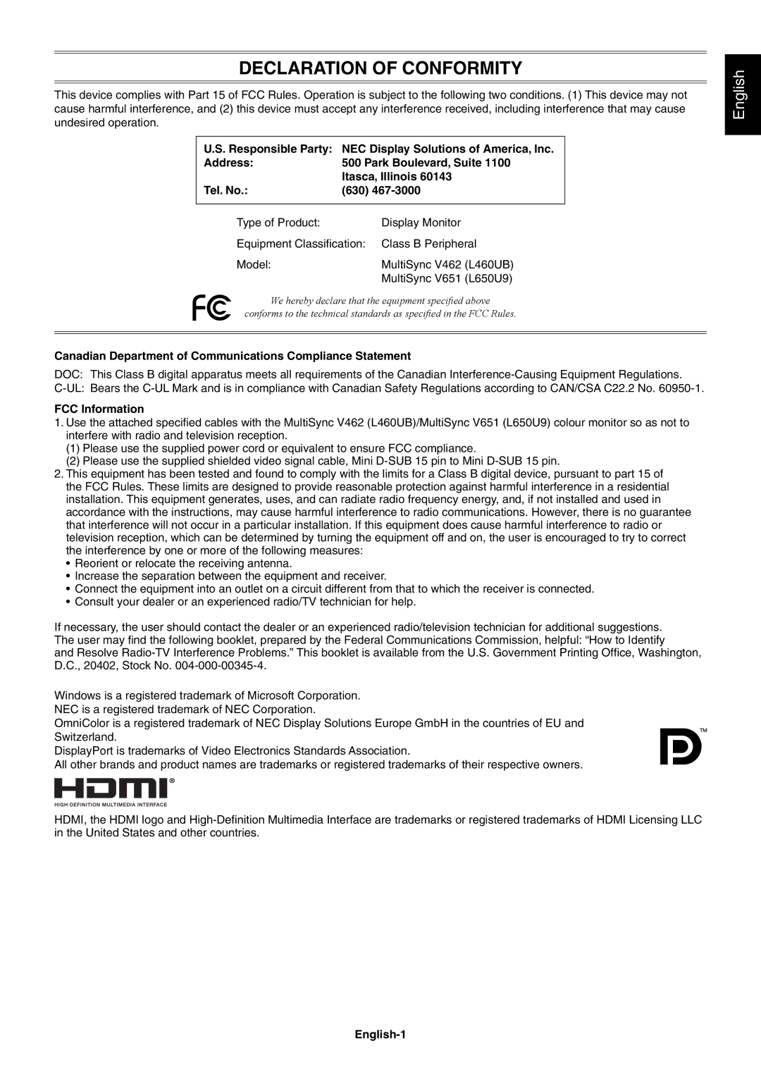 NEC V462, V651 user manual Canadian Department of Communications Compliance Statement, FCC Information, English-1 