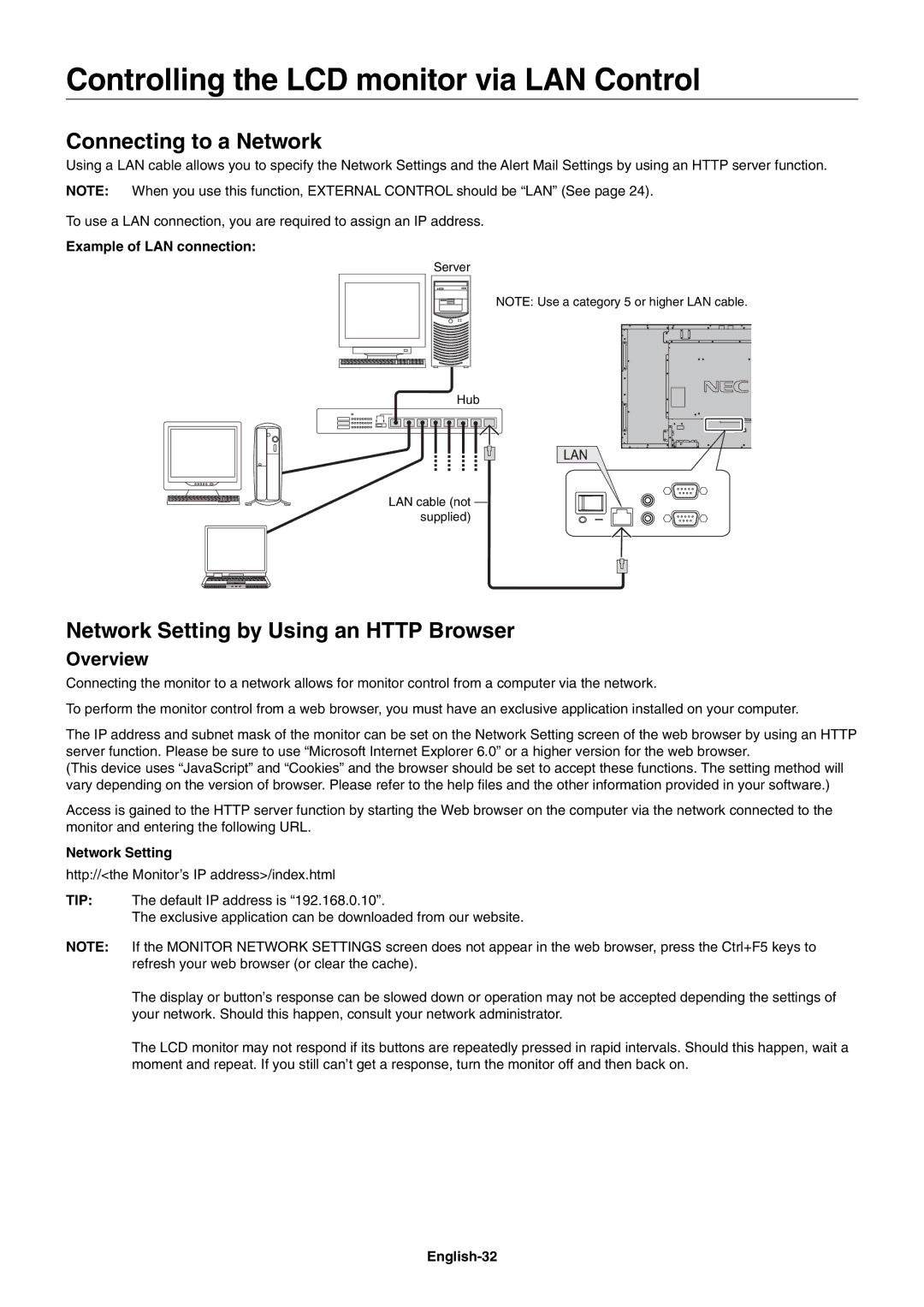 NEC V651 Controlling the LCD monitor via LAN Control, Connecting to a Network, Network Setting by Using an Http Browser 