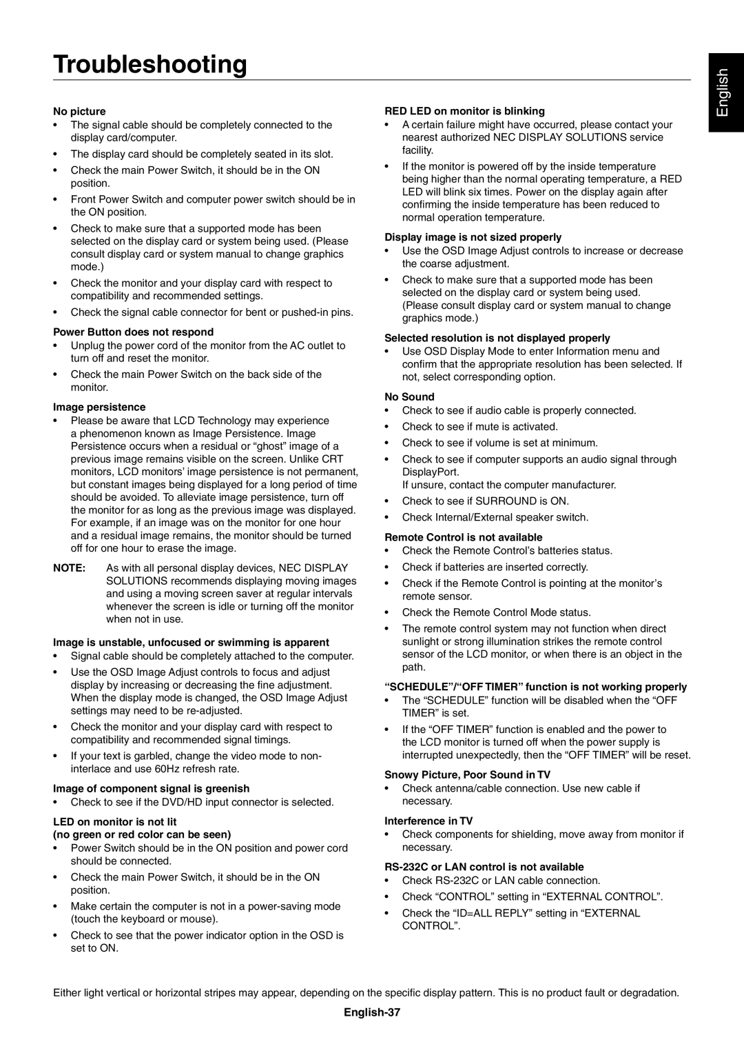 NEC V462, V651 user manual Troubleshooting, English-37 