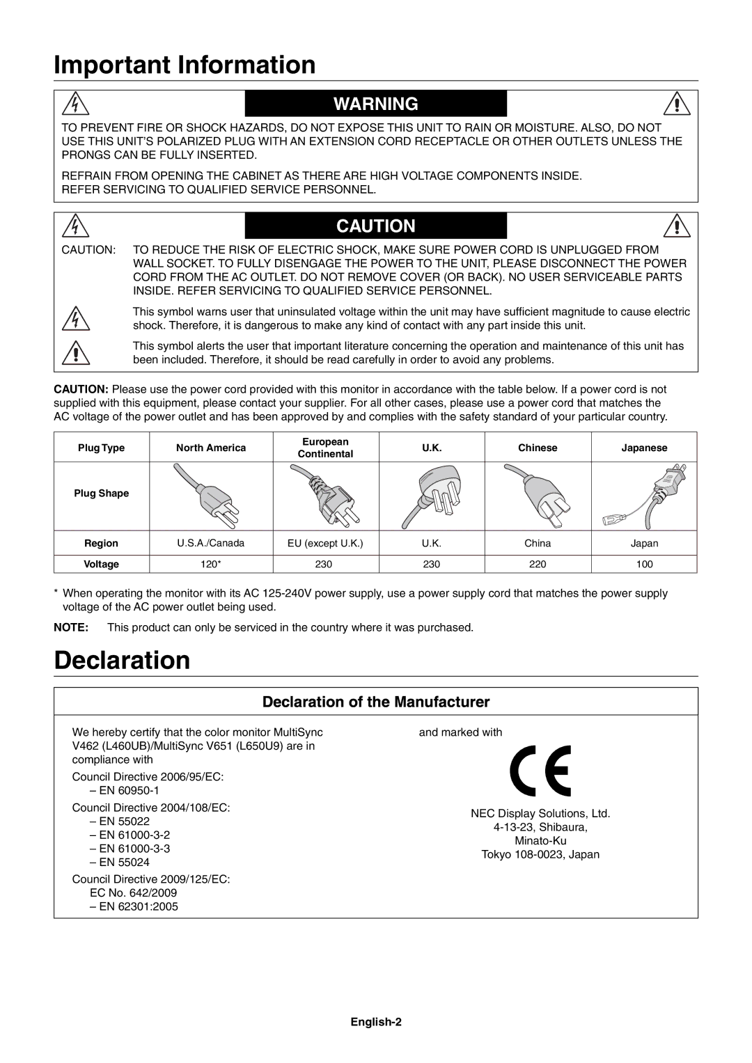 NEC V651, V462 user manual Important Information, Declaration of the Manufacturer, English-2 