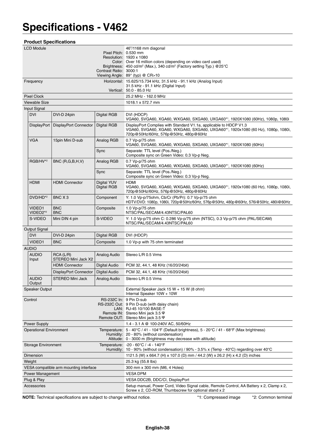 NEC V651, V462 user manual Product Speciﬁcations, English-38 