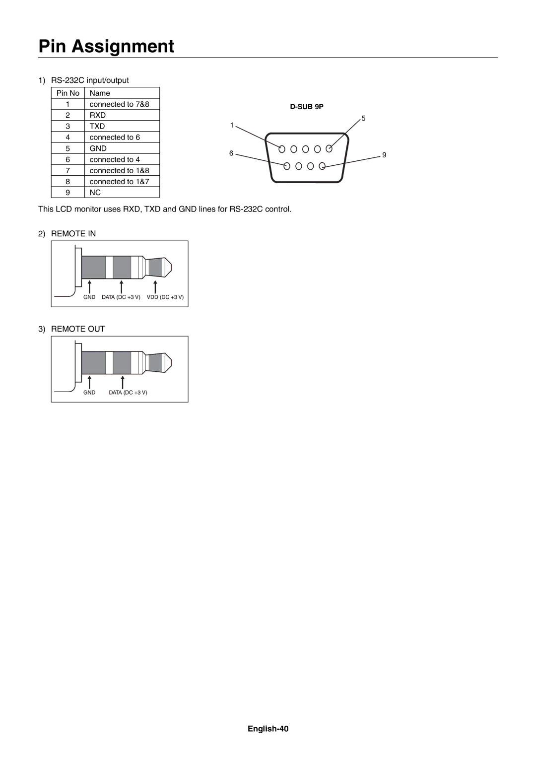 NEC V651, V462 user manual Pin Assignment, English-40, Rxd Txd, Gnd 