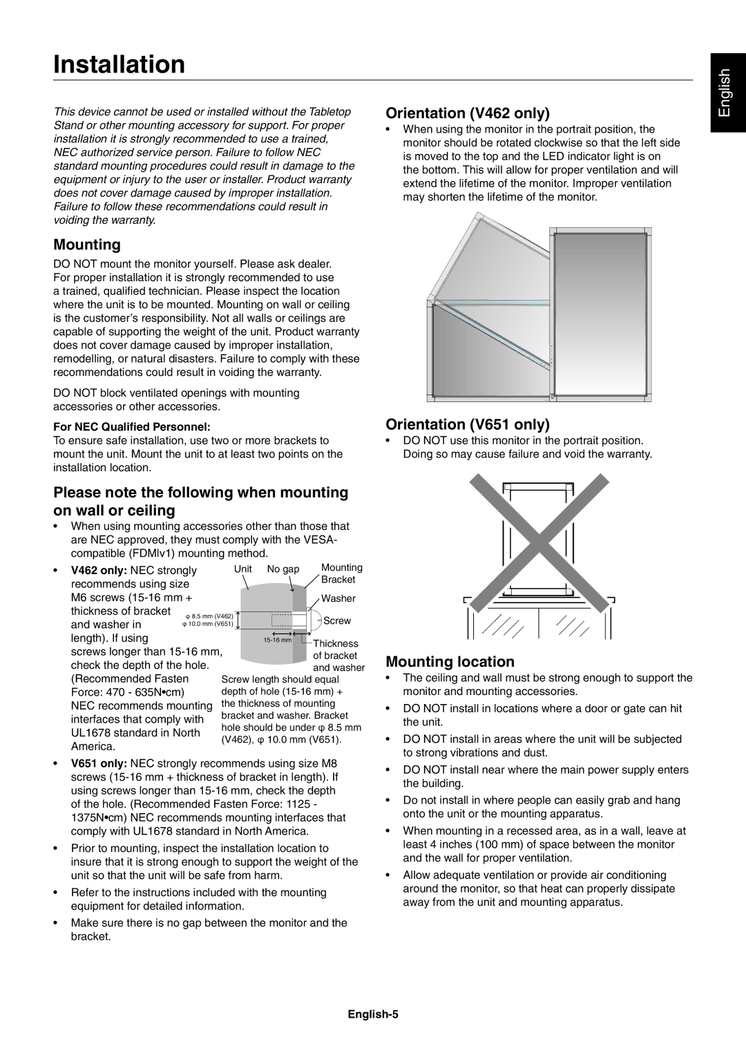 NEC V462, V651 user manual Installation 