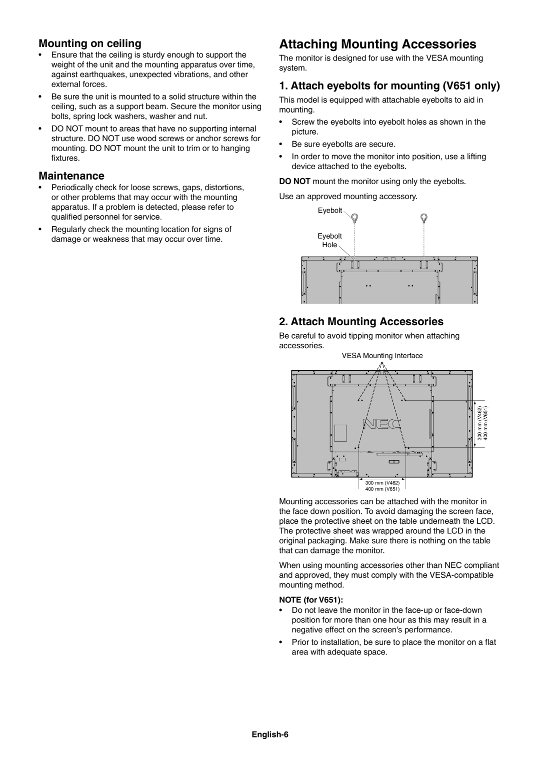 NEC V462 Attaching Mounting Accessories, Mounting on ceiling, Maintenance, Attach eyebolts for mounting V651 only 