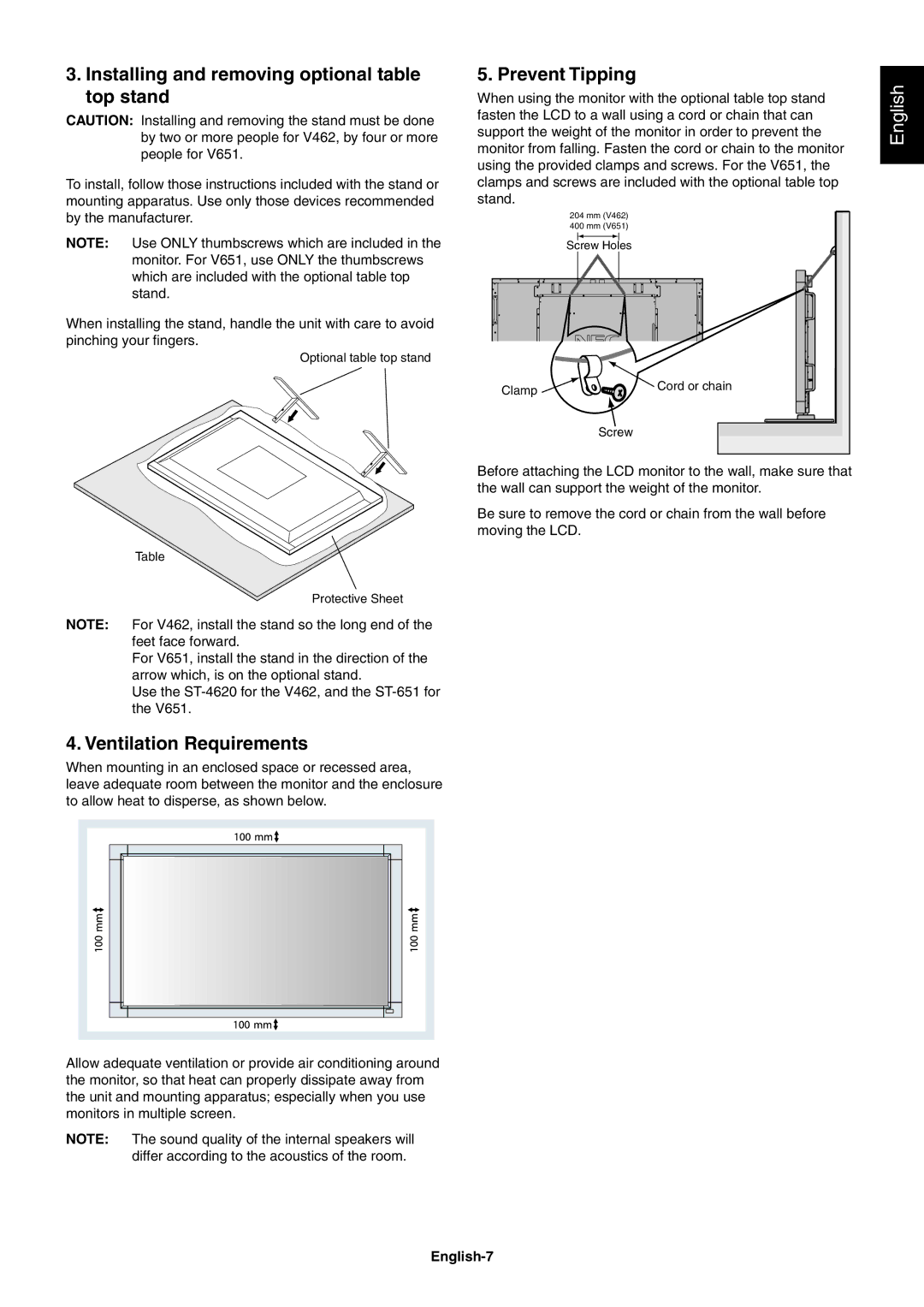 NEC V462, V651 Installing and removing optional table top stand, Ventilation Requirements, Prevent Tipping, English-7 